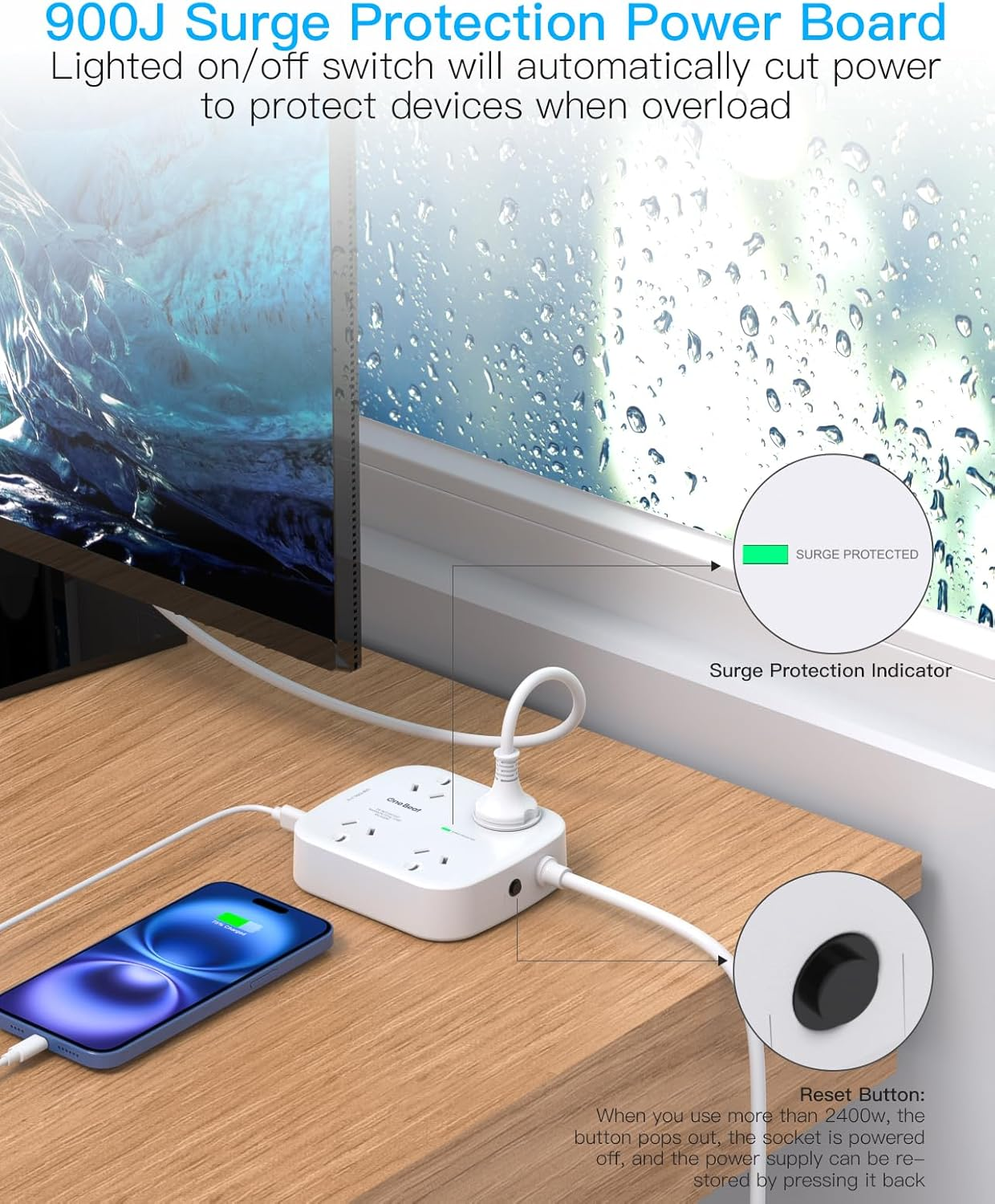 One Beat Surge Protected Power Board with 4 AC Outlets & 4 USB Ports (2&times;USB-C), 1.5M Extension Cord, AU Standard Travel Power Strip for Office, Dorm, Home Essentials image number 3