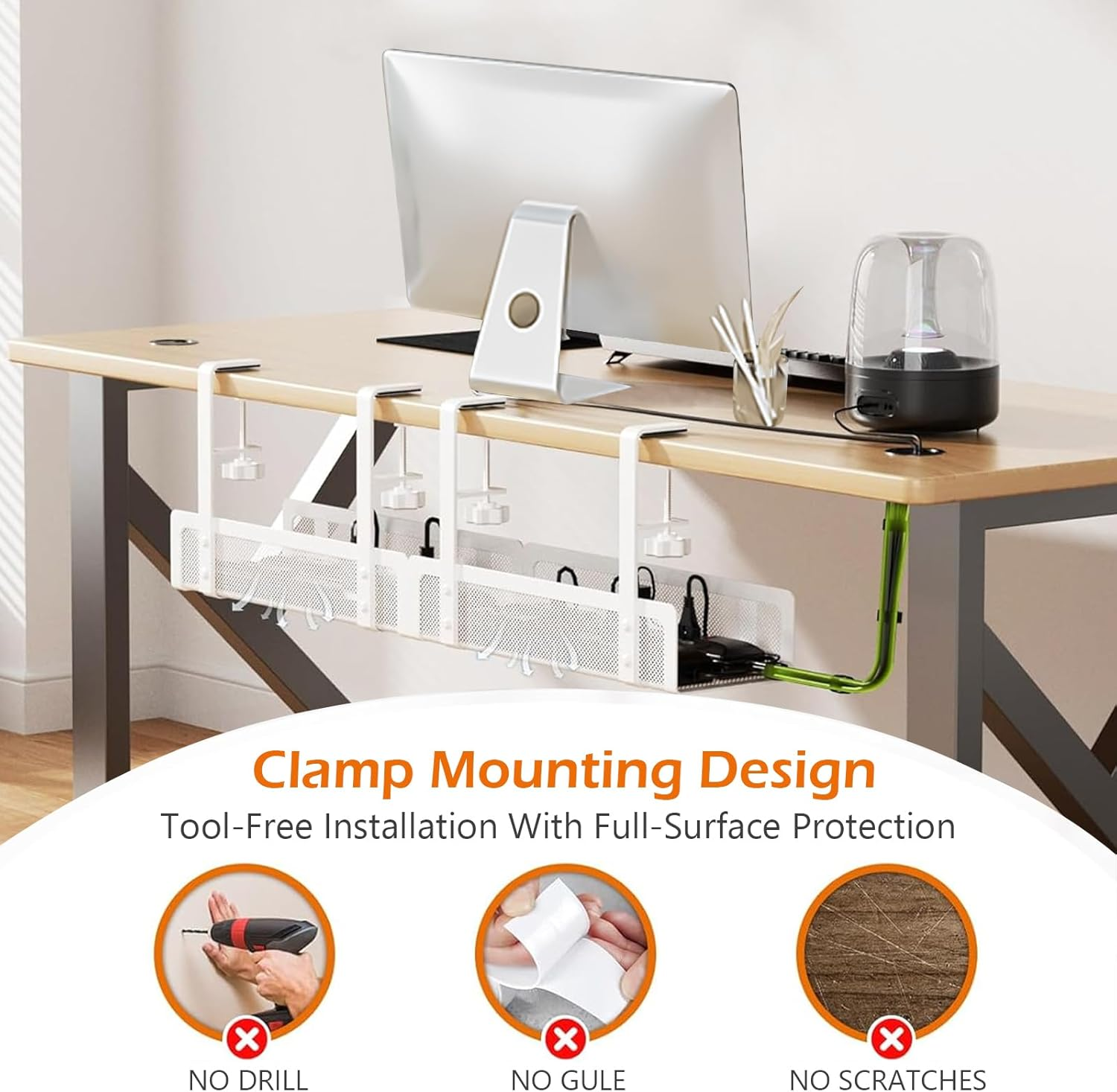 Under Desk Cable Management Tray, 27.6In No Drill Cable Tray, Desk Cable Management Box with Clamp for Desk, under Desk Storage for Office Home, White image number 6