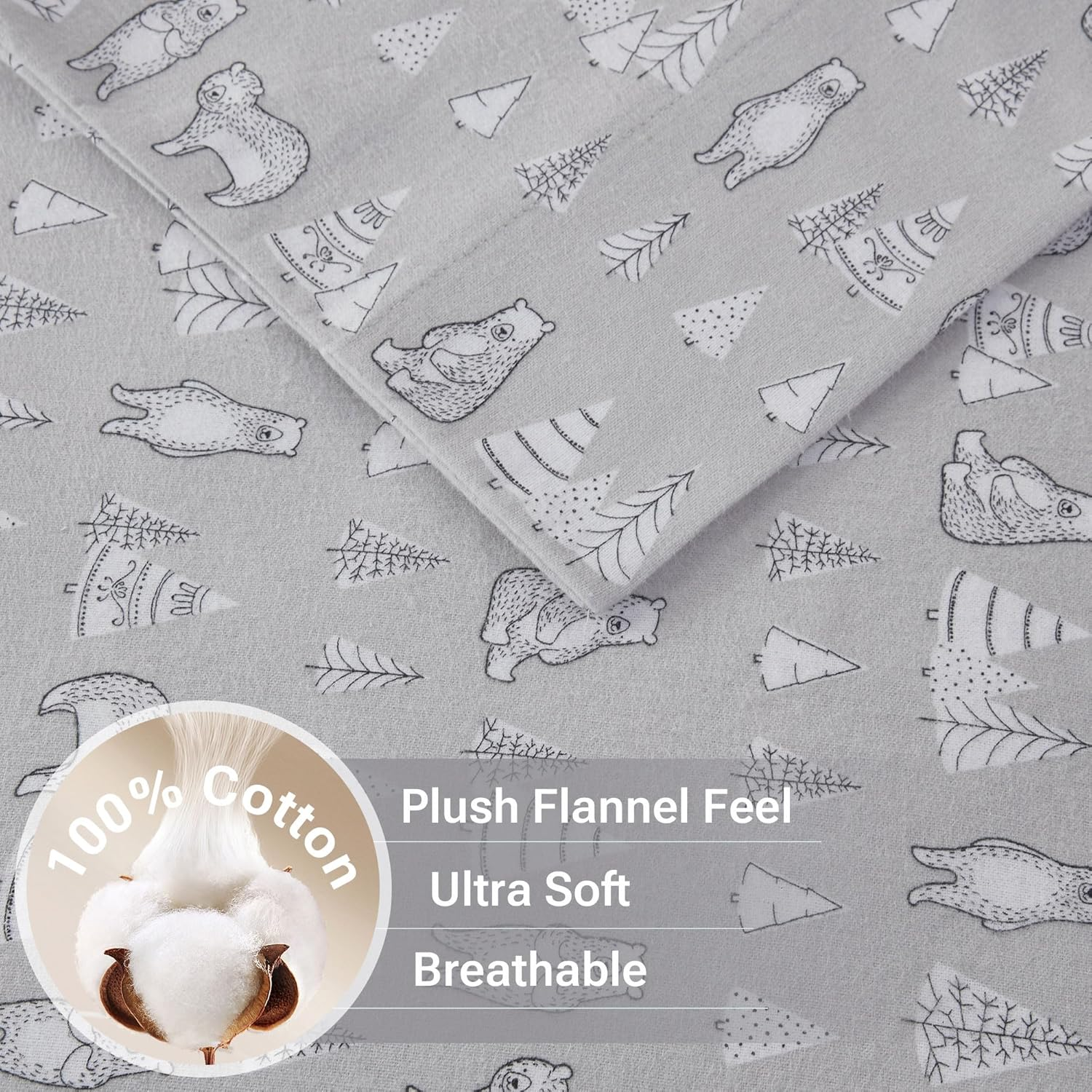 True North by Sleep Philosophy Cozy Flannel Warm 100% Cotton Sheet - Novelty Print Animals Stars Cute Ultra Soft Cold Weather Bedding Set, Queen, Bear 4 Piece image number 5