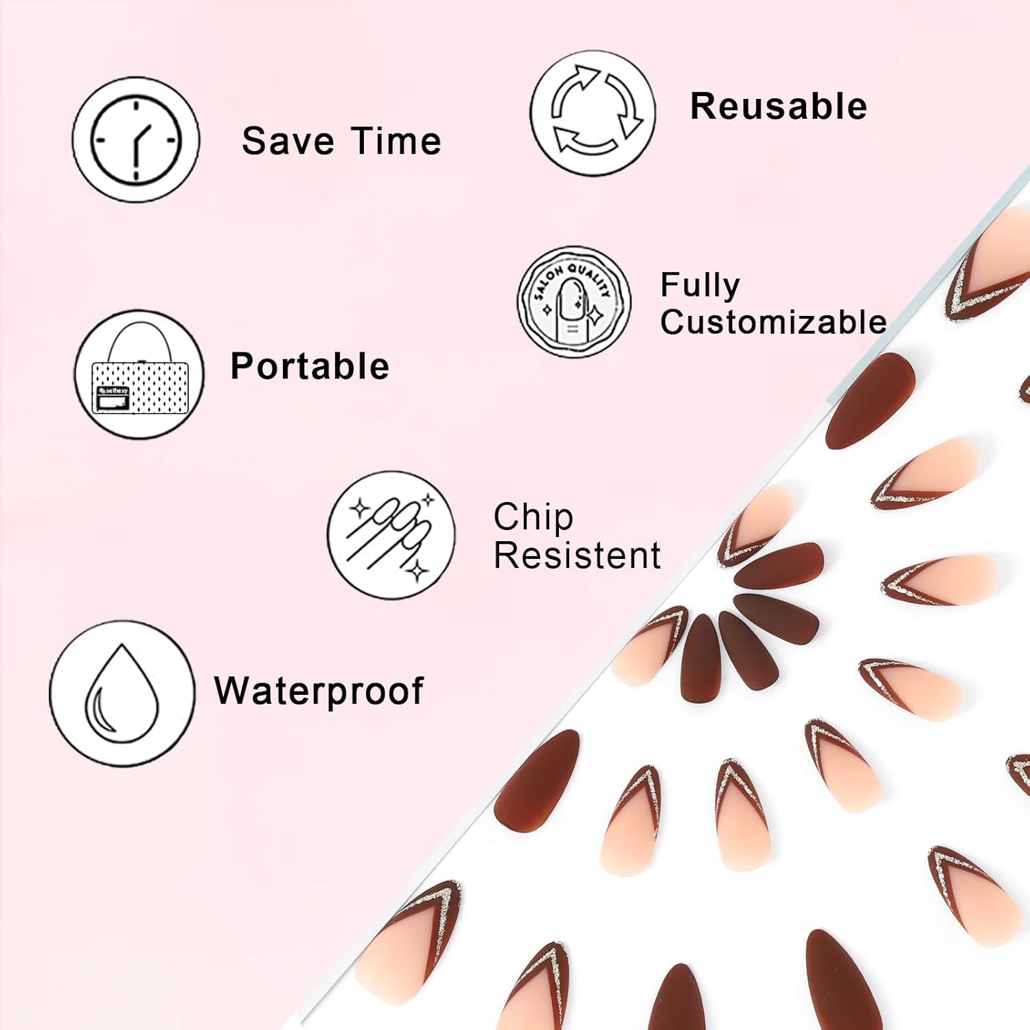 Sethexy Brown Medium Almond Press on Nails Stiletto Autumn French Fake Nails Acrylic False Nails for Women and Girls 24PCS (5) image number 6