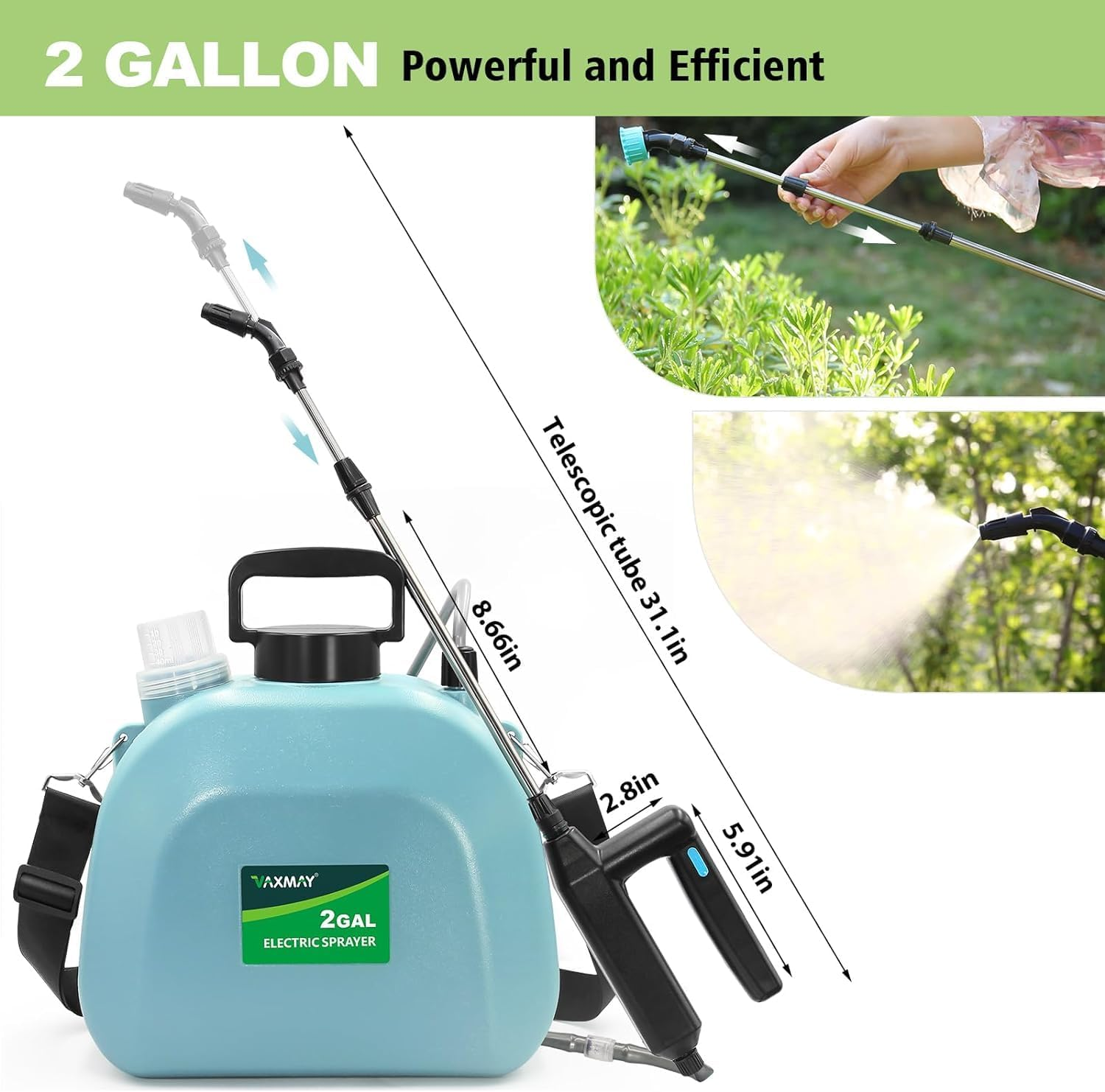 JINDUN Battery Powered Sprayer 8L, Upgrade Powerful Electric Sprayer with 3 Mist Nozzles&Rechargeable Handle, Retractable Wand, Garden Sprayer with Adjustable Shoulder Strap for Lawn,Garden,Cleaning image number 3