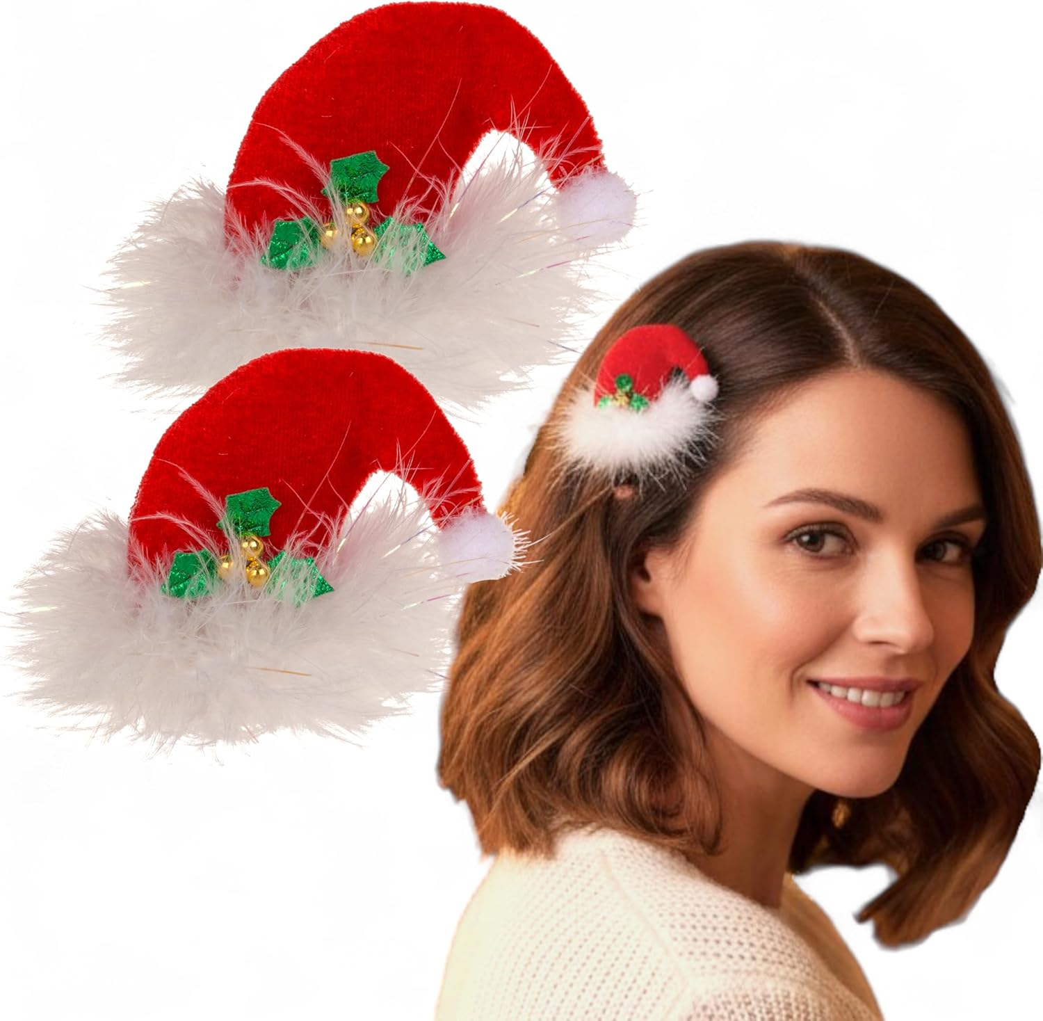 MIJOMA Set of 2 Christmas Hair Clips - Plush Christmas Hat Hair Clips with Mistletoe - Christmas Accessories for Women & Children - Red White Fluffy image number 5