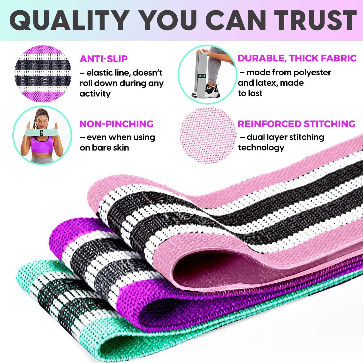 Mhil 5 Resistance Bands - Best Exercise Bands for Women and Men - Thick Elastic Fabric Workout Bands for Working Out Legs, Butt, Glute- Stretch Fitness Booty Loops Bands for Gym, Weights & Squats image number 3