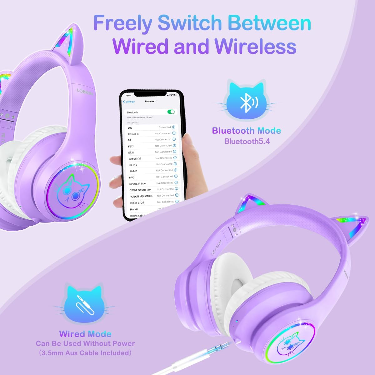 LOBKIN Bluetooth 5.4 Kids Headphones with Case - RGB LED Light up Cat Ears Foldable Adjustable On-Ear Headset Support Wireless or 3.5Mm Wired Mode for Toddler & Girls & Boys Teens (Purple) - Pink image number 2