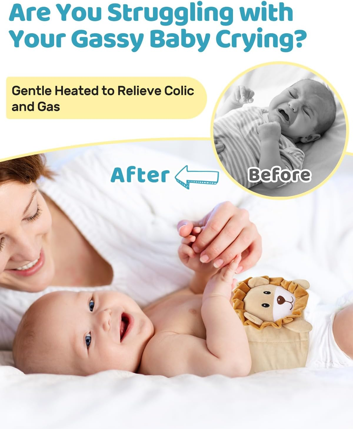 Baby Colic and Gas Relief, Flaxseed Heated Tummy Wrap for Newborns, Belly Relief by Soothing Warmth, Infants Swaddling Gripe Belt, Natural Relief Heating Pad for Upset Stomach in Toddlers, Lion image number 3