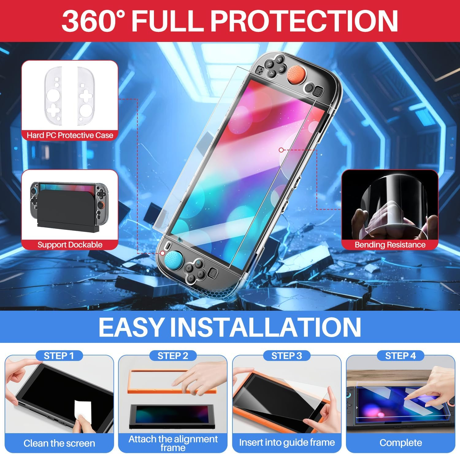 WOTOW Switch 2 Accessories Bundle Kit for Nintendo, Protective Carrying Case with Screen Protectors, Steering Wheels, Grips for Joy-Con2 and Console Protective Shells (Red + Blue)