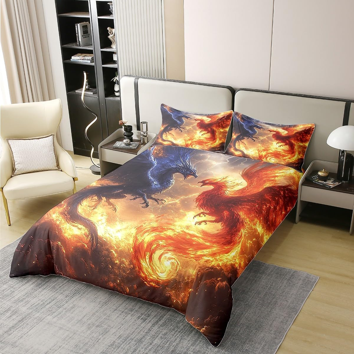 Fantasy Dragon 100% Cotton Bed Linen Set, Oil Painting Phoenix Duvet Cover 135 X 200 Cm for Children, Teens, Adults, Couple Lovers Bed Set, Lightening Dragon Duvet Cover with 1 Pillowcase for Bedroom image number 1