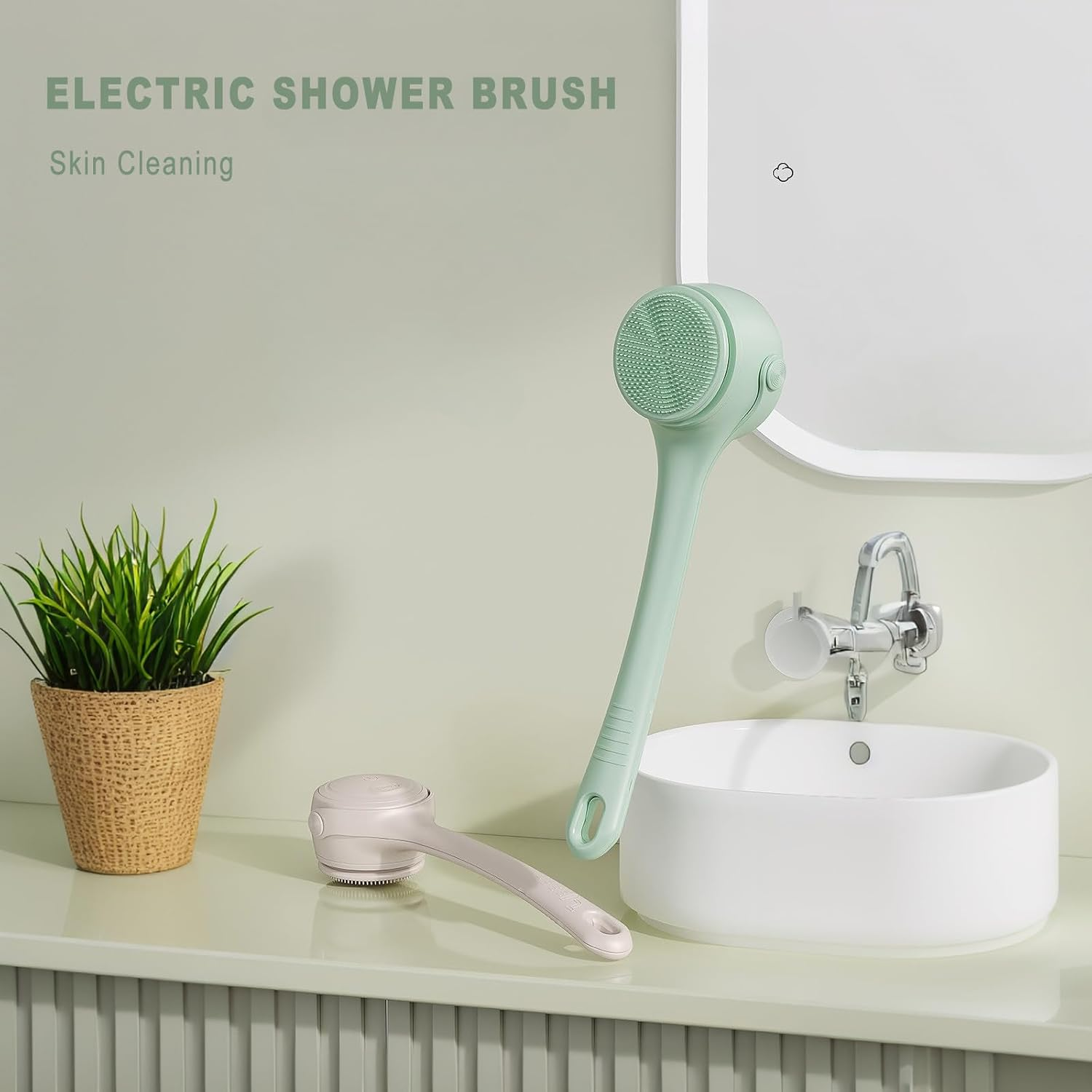 YOJAWE Electric Back Scrubber for Shower &ndash; 2 Handles & 4 Detachable Heads, Deep Cleansing Body Brush, Perfect for All Skin Types(Green)