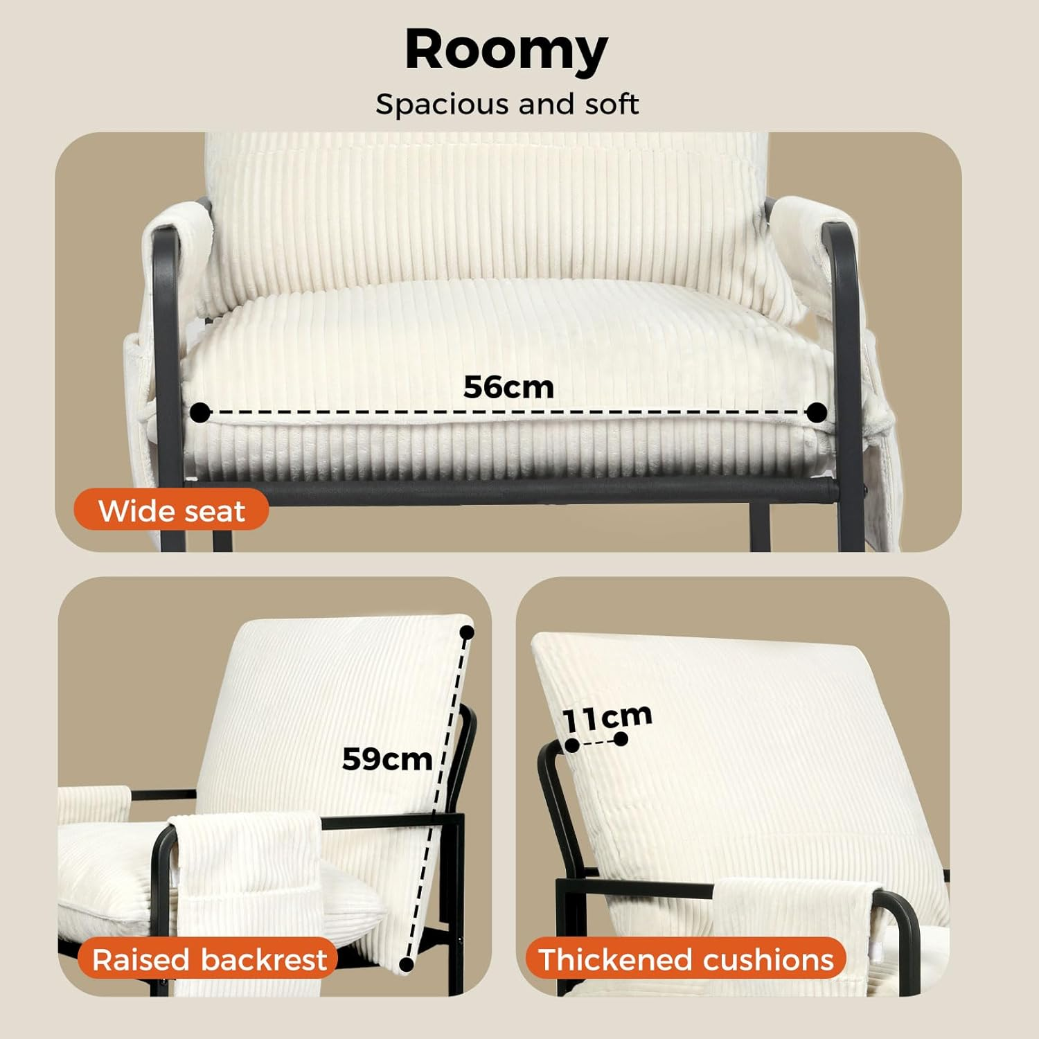 Levede Armchair Living Room Accent Chair with Sturdy Metal Frame, Bedroom Arm Chair-Lounge with Soft Corduroy Cushion,Zipper Split Design,Removable Storage Pockets,Comfy Sofa Seat for Office,Beige - Burnt Orange image number 4