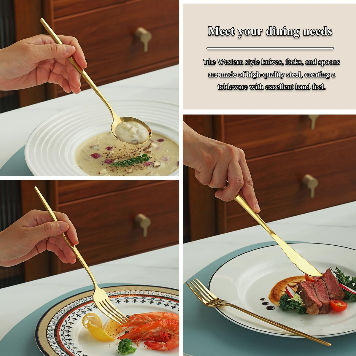 Evanda Gold Cutlery Set 60 Piece Service for 20, Titanium Gold Plated Stainless Steel Flatware Set, Knives Forks Spoons Cutlery Set for Wedding, Parties, Birthday, Restauroom, Dishwasher Safe image number 5