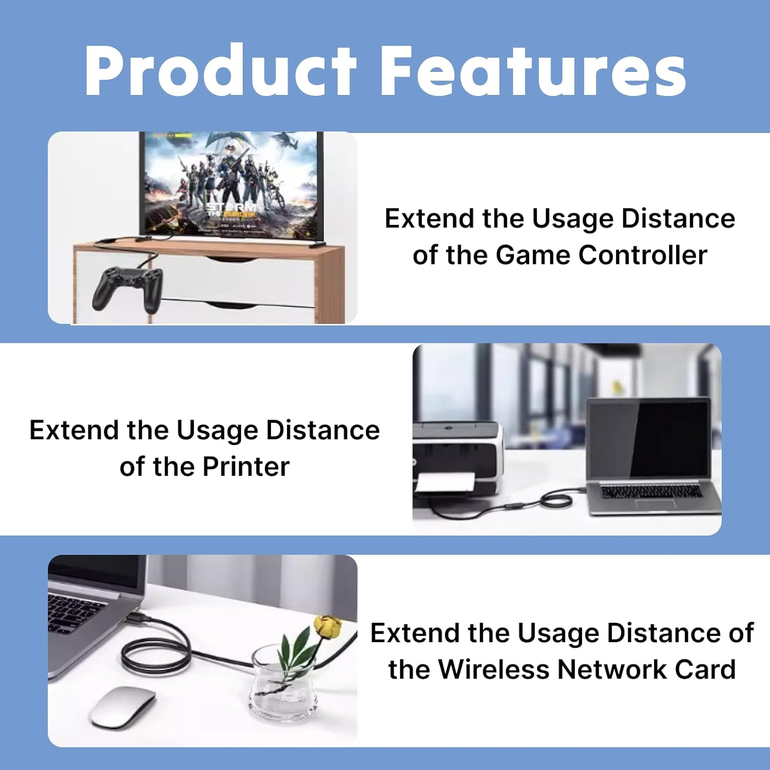 USB 3.0 Extension Cable 2M Type a Male to Female Braided Extender Cord for Fast Charging & 5Gbps Data Transfer, Compatible with Keyboards, Mice, Hubs, Flash Drives, Hard Drives, Printers, VR & More image number 5