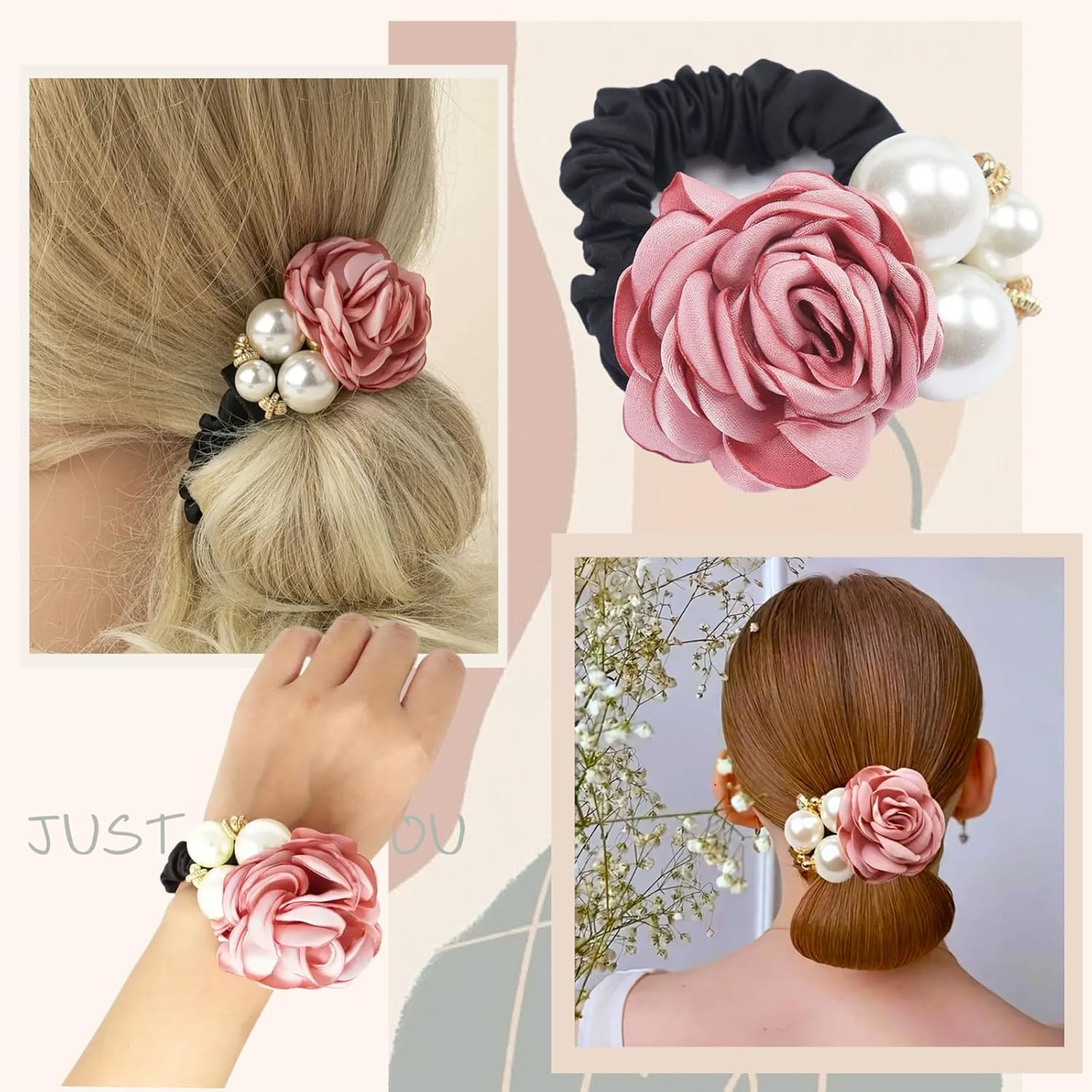 Ypkia Pack of 3 Flower Hair Bands with Pearls Women'S Thin Rubber Bands Elastic Scrunchies Ponytail Holder for Women Girls image number 5