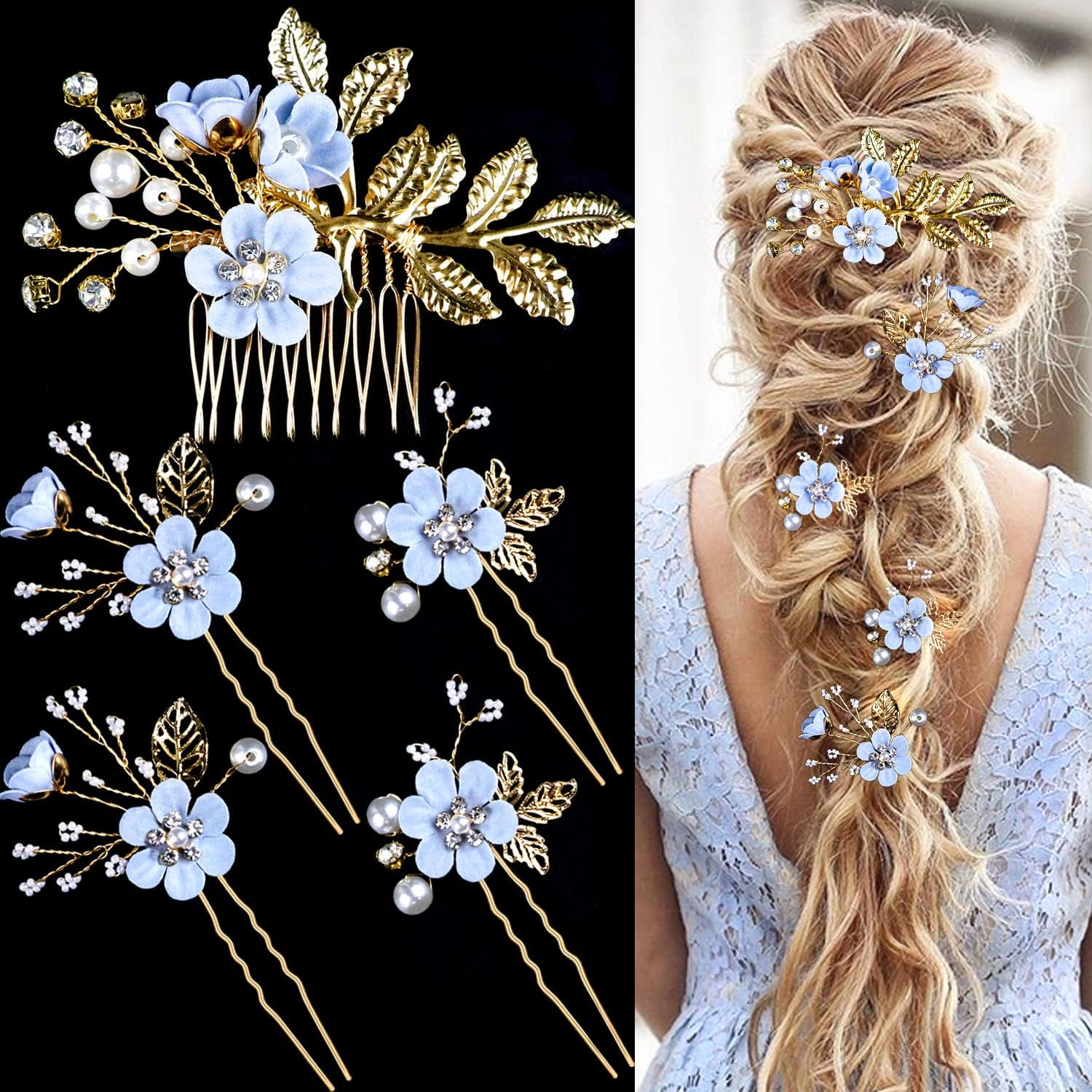 5 Pieces Bridal Flower Wedding Hair Pins Crystal Pearl Hair Pins Clips Headpiece Gold Wedding Hair Accessories Jewelry with Rhinestone for Brides Bridesmaids Women Girls Updo(Pure White Flower)