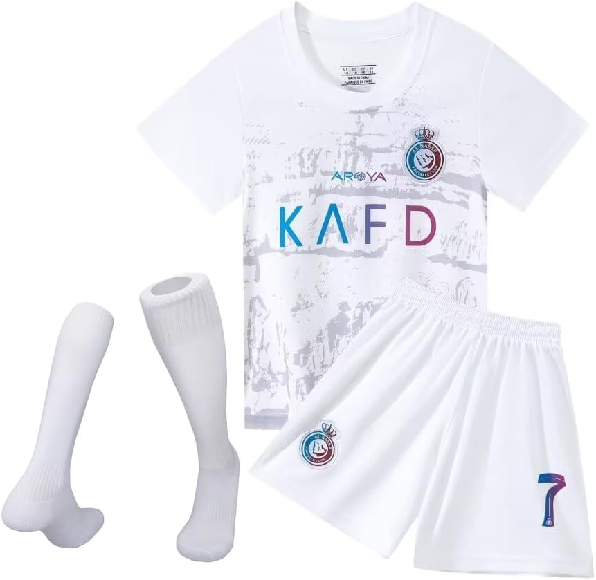 YEESON No #7 NASSR Riyadh Al Home #7 2024/2025 Kids Soccer Jersey/Shorts/Socks Gift Set for Fans Youth Sizes 22-28