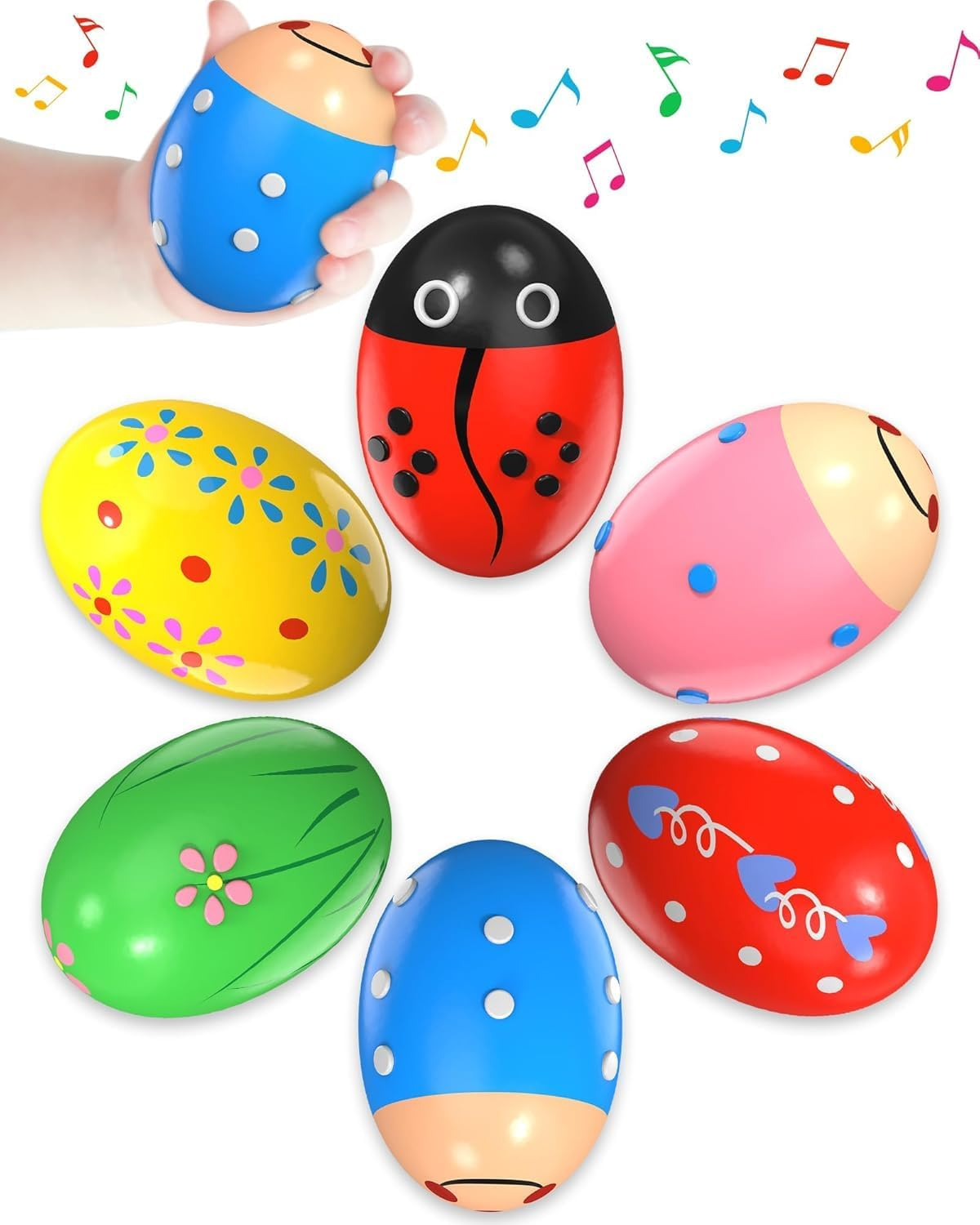 6 Pack Wooden Percussion Musical Easter Eggs, Adorable Wooden Egg Maracas Musical Colorful Percussion Easter Egg Shakers, for Party Favors, Classroom Prize Supplies, Musical Instrument image number 3