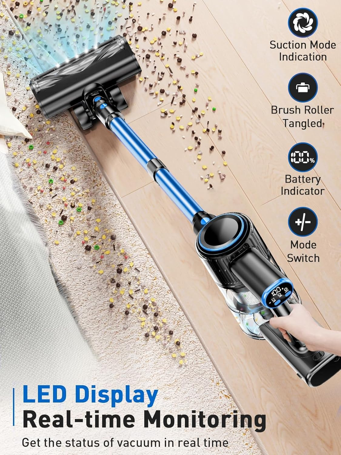 Cordless Vacuum Cleaner, 8-In-1 Stick Vacuum with LED Display & 3 Modes Suction, Detachable Battery, Lightweight Vacuum Cleaner for Home Hardwood Floors Carpets and Pet Hair (Blue) image number 3