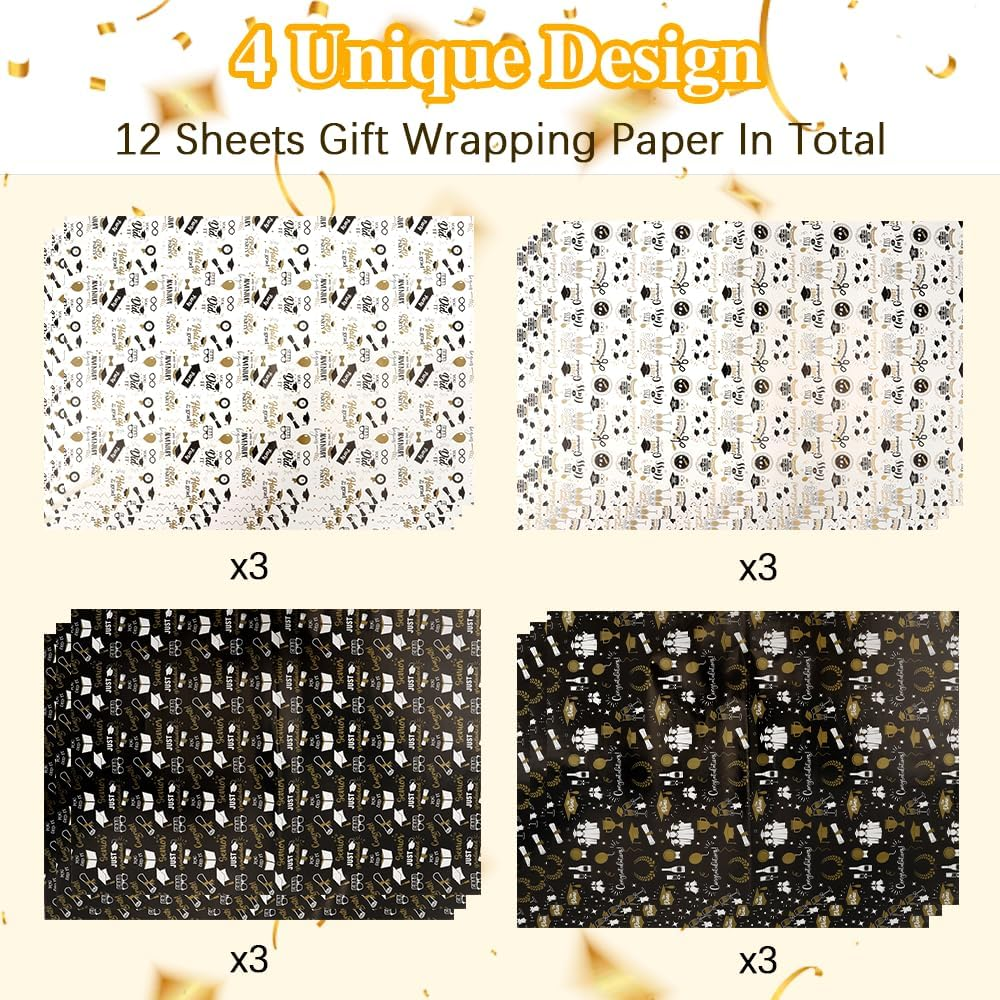 Rugwioyu Graduation Wrapping Paper 12 Sheets 20X27In Folded Flat Gift Wrapping Paper 4 Style Foil Funny Wrapping Paper Gift Wrapping Supplies Graduation Packaging Paper for 2025 image number 1