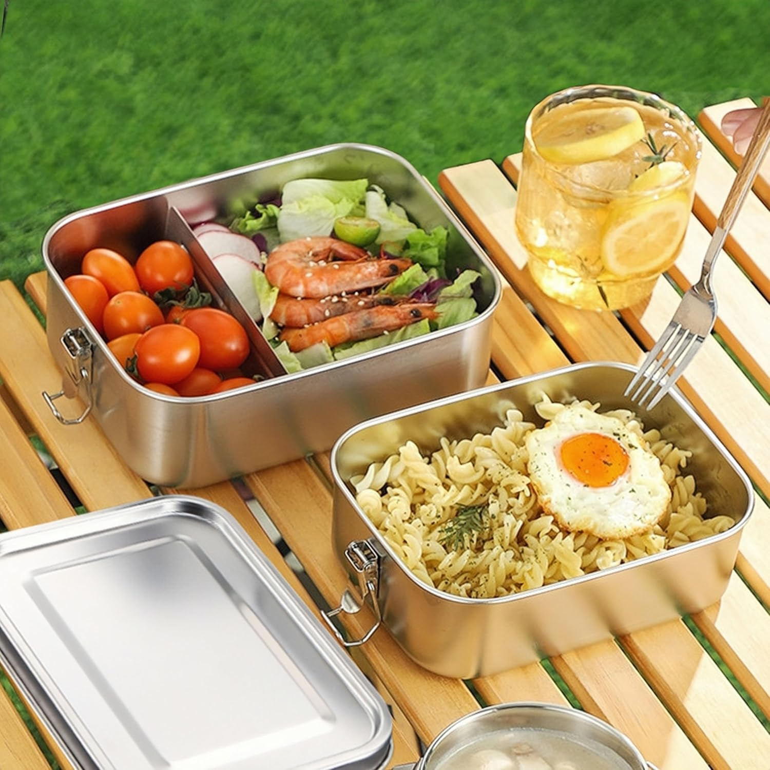 2 Piece Stainless Steel Lunch Box Set - 1400Ml with Divider and 550Ml Metal Box - Reusable Food Storage Container for Work, School and Outdoor Use