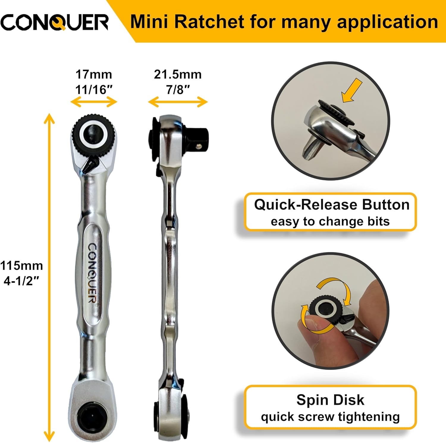 CONQUER Mini Combo Dual Ratchet Wrench with 1/4" Square Drive and Bit Drive High Torque 72-Tooth Gear Head and Spin Disk image number 3