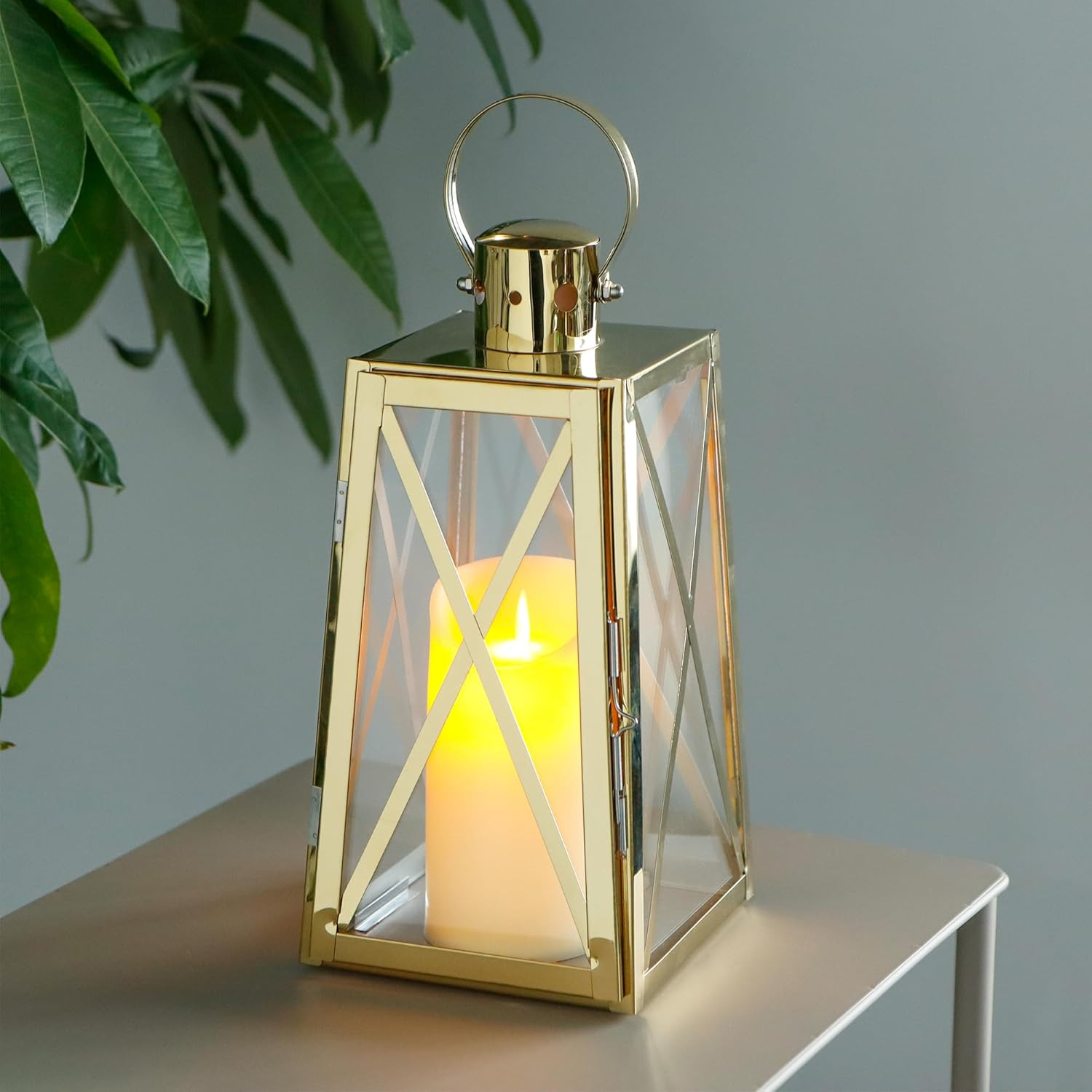 TRIROCKS Stainless Steel Decorative Lantern 12''H Metal Outdoor Candle Holder Hanging Candle Lantern with Tempered Glass for Christmas Home Wedding Living Room Parties Indoor Outdoor(Gold Trapezoid)