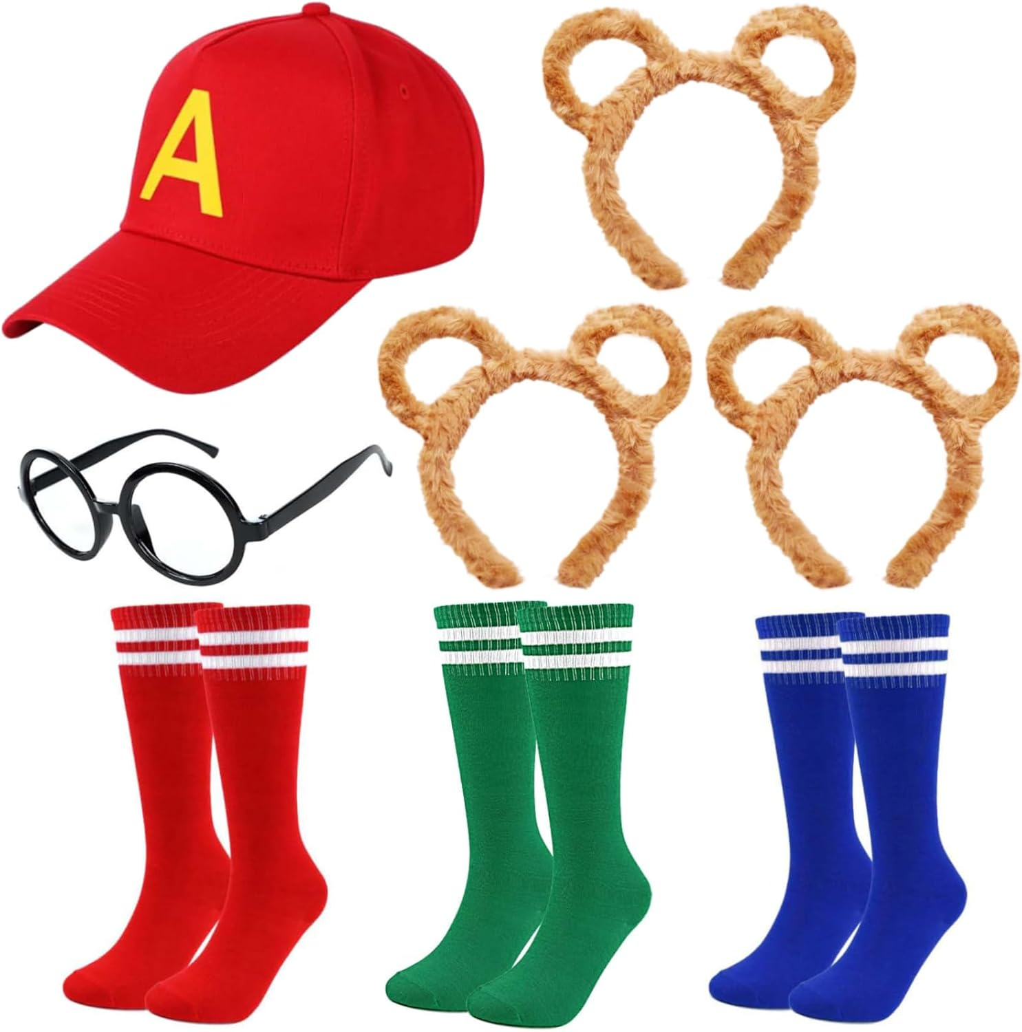 Kavoc 8 Pieces Chipmunks Costumes Set Include 3 Chipmunk Ears Headband，3 Pairs Soccer Socks，1 Piece Black round Frame Glasses and 1 Red Cap Animal Costume for Adults Teens World Book Day Party Brown image number 3