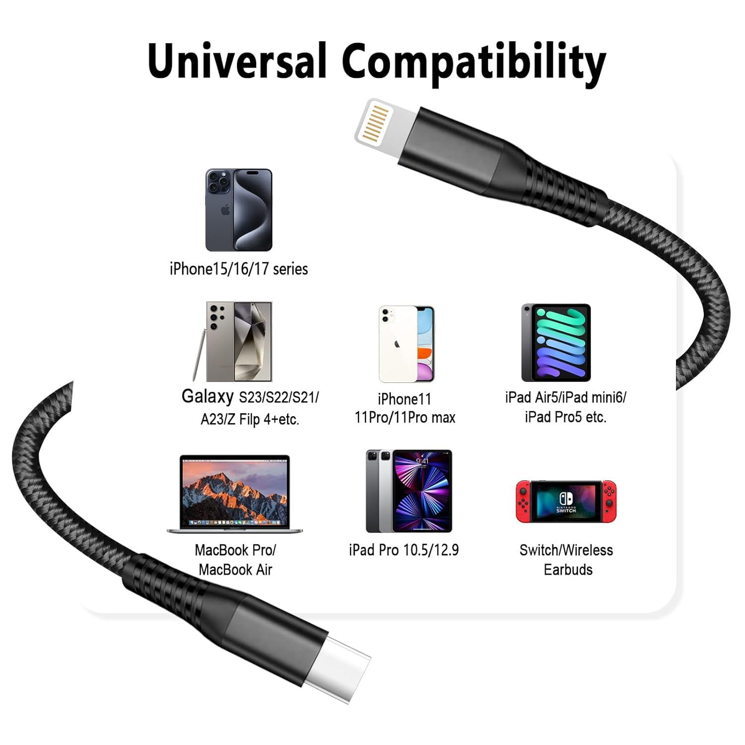 0.3 M USB C to IP Fast Short Charging Cable(3 Pack),Nylon Braided Mfi Certified Carplay Charger Power Delivery Charging Cord Compatible with Iphone 14/13/12/11/XS/XR/X/8 - Black image number 2