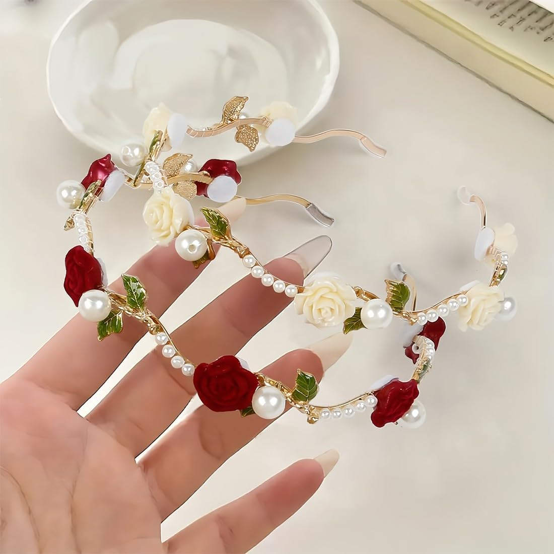 2 X Hair Band Made of Red Roses and White Rose Pearls, Bridal Headband, Light Gold Wedding Hair Band, Faux Pearl, Rhinestone Hair Crown, Crystal Pearl, Bridal Tiara, Hair Bands, Elegant Accessories