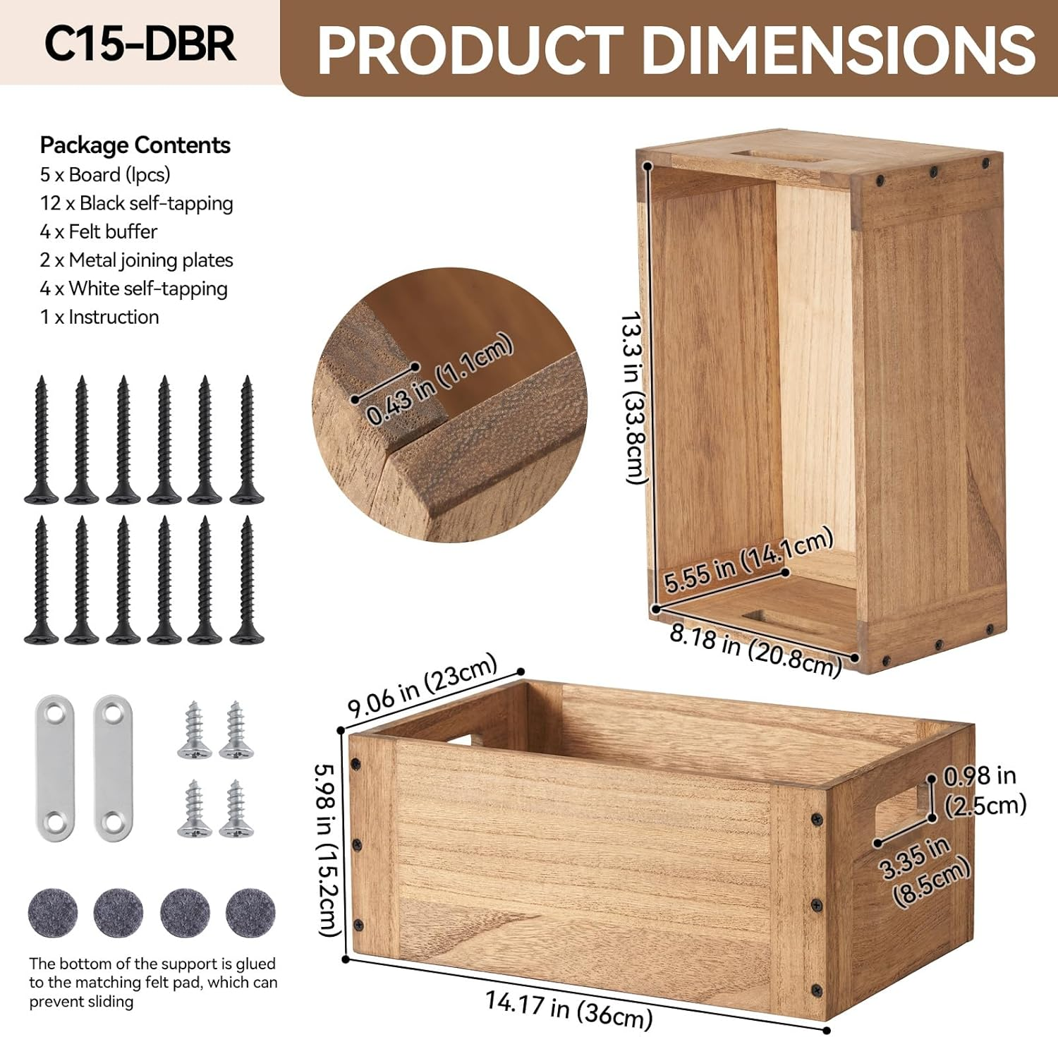 KIRIGEN Stackable Wood Storage Cube /Basket/ Bins Organizer for Home Books Clothes Toy - Modular Open Cubby Storage System - Office Bookcase Closet Shelves C15-DBR image number 2