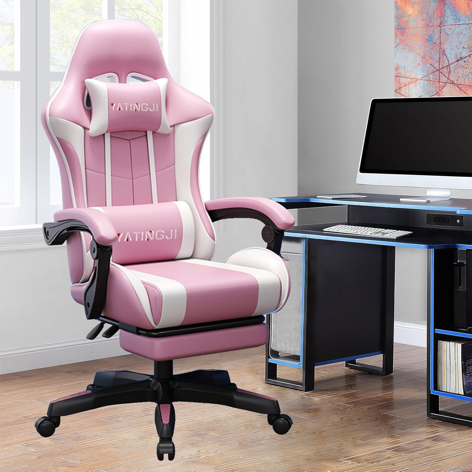 Gaming Chair,With Head Cushion,Height Adjustable,Pu Leather Racing-Style Executive Seat,Reclining Capability,Suitable for Office Chair (Pink and White with Head Cushion)