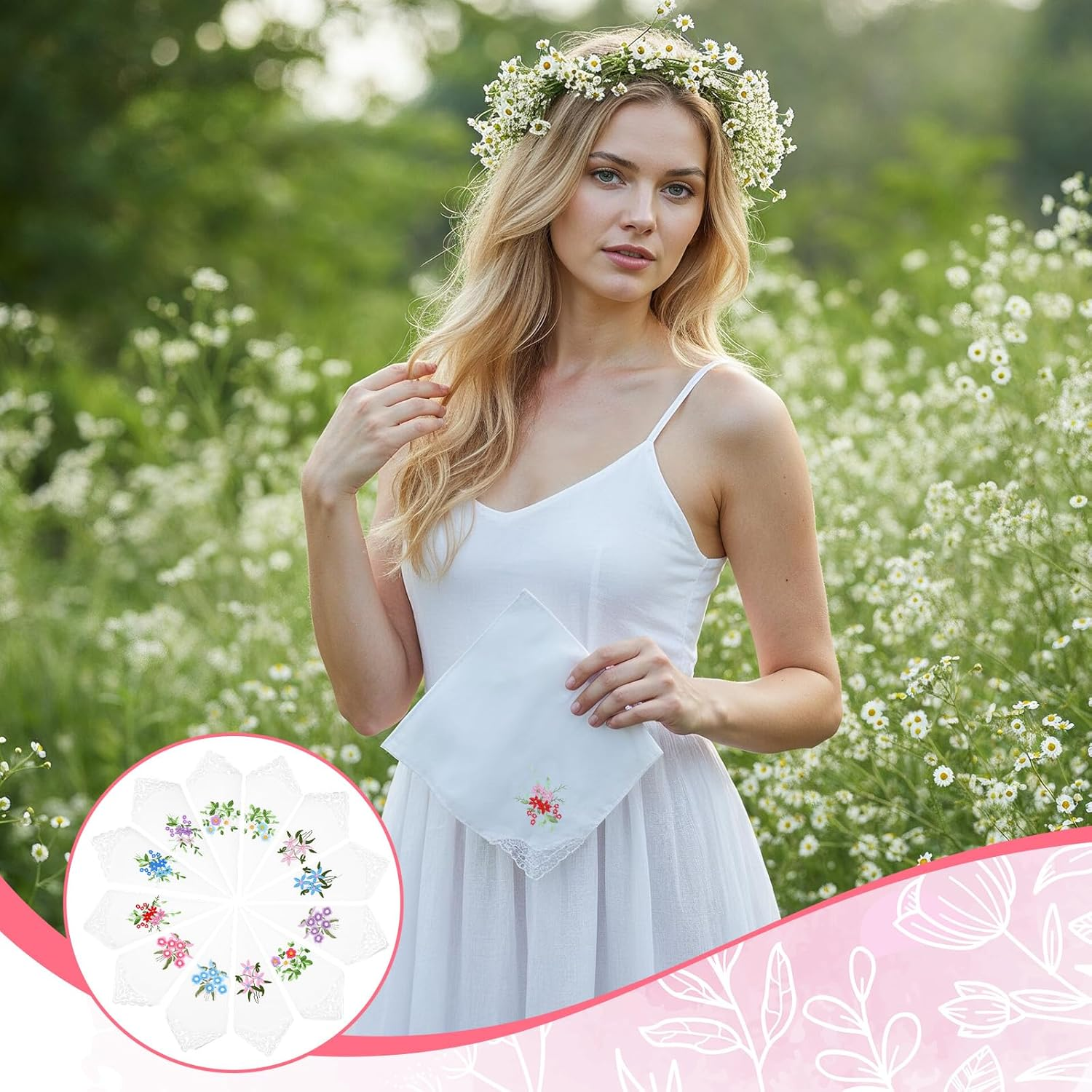 LXUEJIE 12Pcs Cotton Handkerchiefs for Women, Flower Embroidered with Lace Handkerchief White Ladies Hankies image number 2