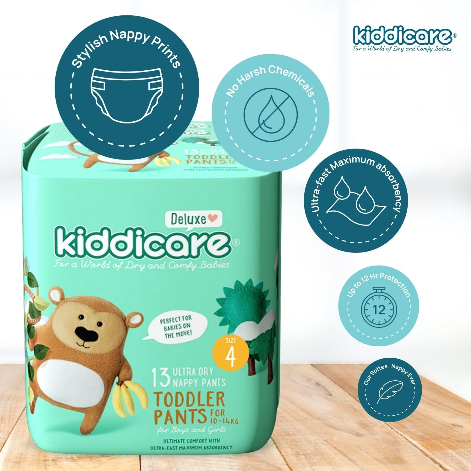 Kiddicare Deluxe Toddler Baby Nappy Pants, Size 4 (10-14Kg), 13-Count, Pack of 1, Ultra-Fast 12-Hour Absorption, Leak Protection, Anti-Rash, Stretchy Sides for a Better Fit, Soft & High Absorbent image number 3