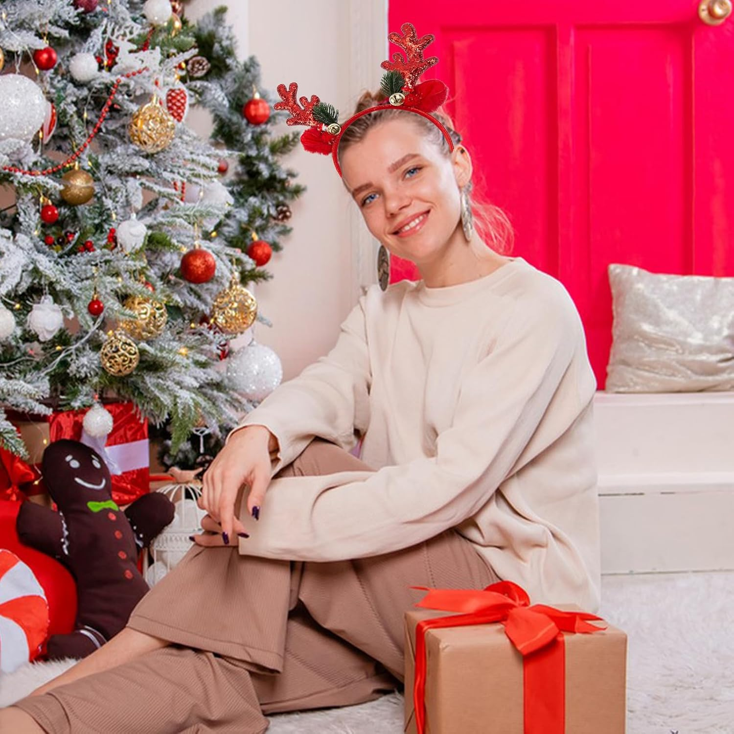 NICENEEDED Reindeer Antlers Headband Red Sequins Christmas Headbands with Deer Antlers Halloween Party Cosplay Costume Decorations for Adults image number 4