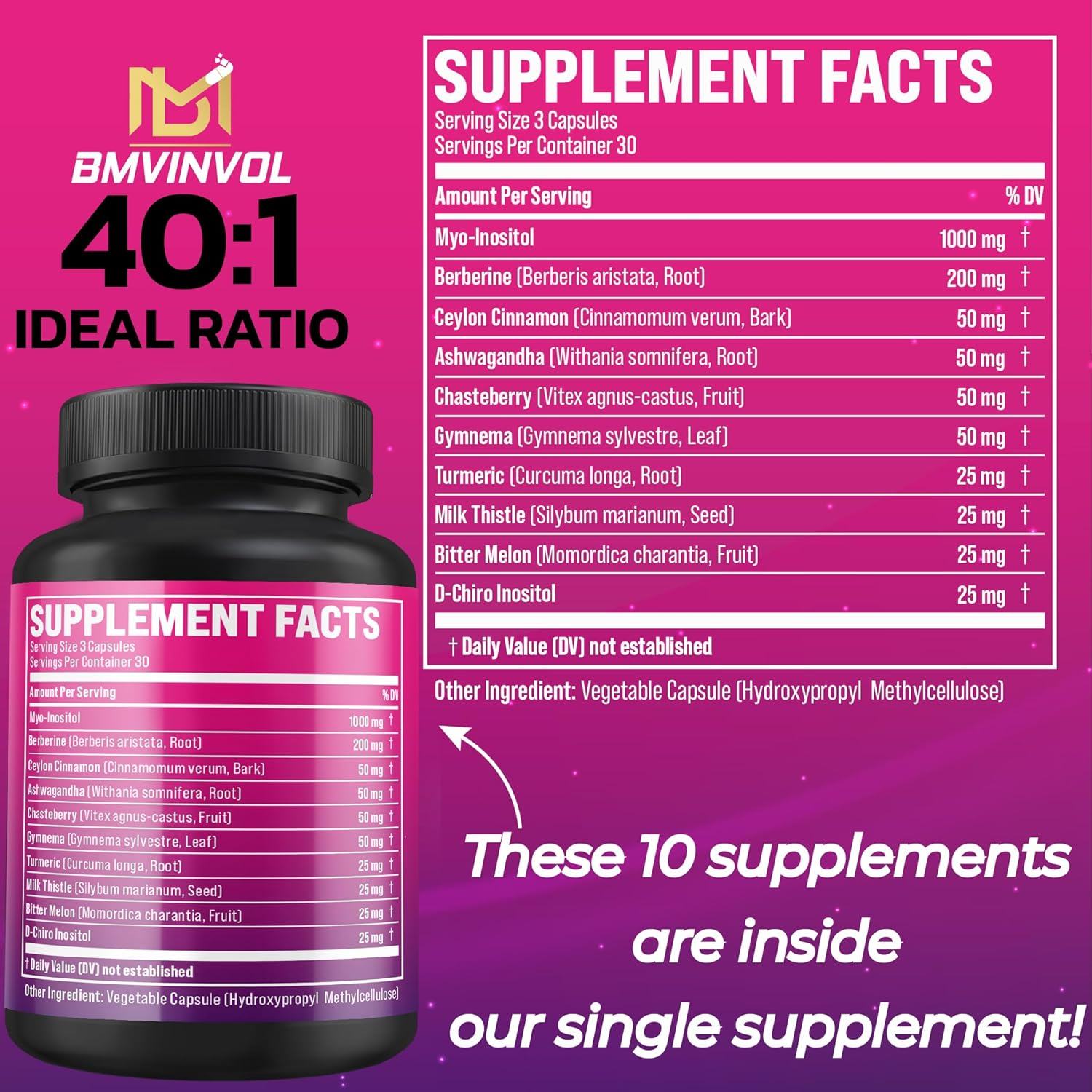 Inositol Supplement - Myo-Inositol and D-Chiro Inositol Ideal 40:1 Ratio - plus Berberine, Cinnamon, Ashwagandha + 5 More - Healthy Hormone Balance & Healthy Ovarian Support for Women - 90 Capsules image number 2