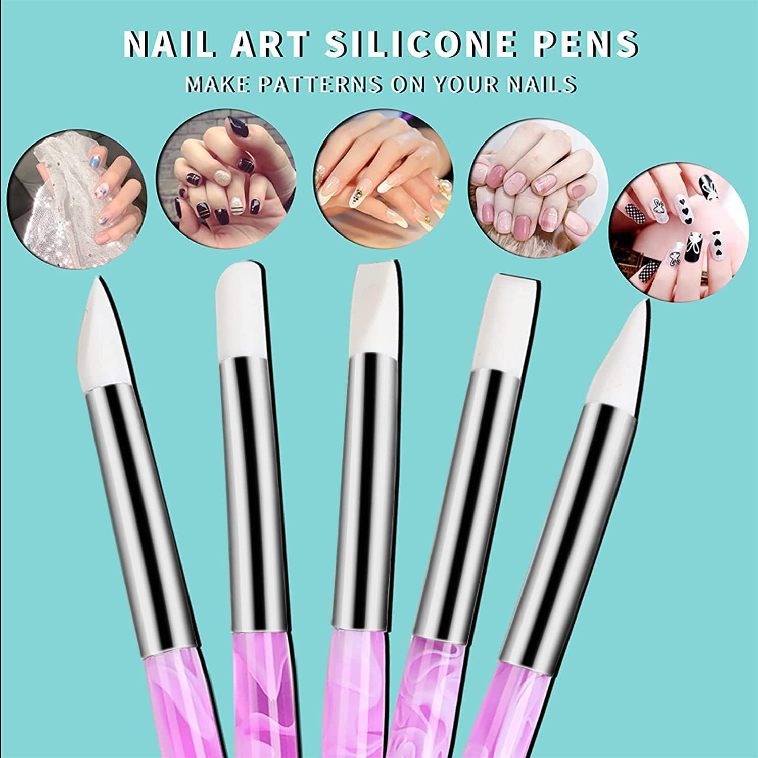 BQAN 5Pcs Nail Art Sculpture Pen, Silicone Nail Art Brushes for Gel, Acrylic Nails, Foil Carving, Drawing & Shaping, Nail Art Tools for Home Salon image number 5