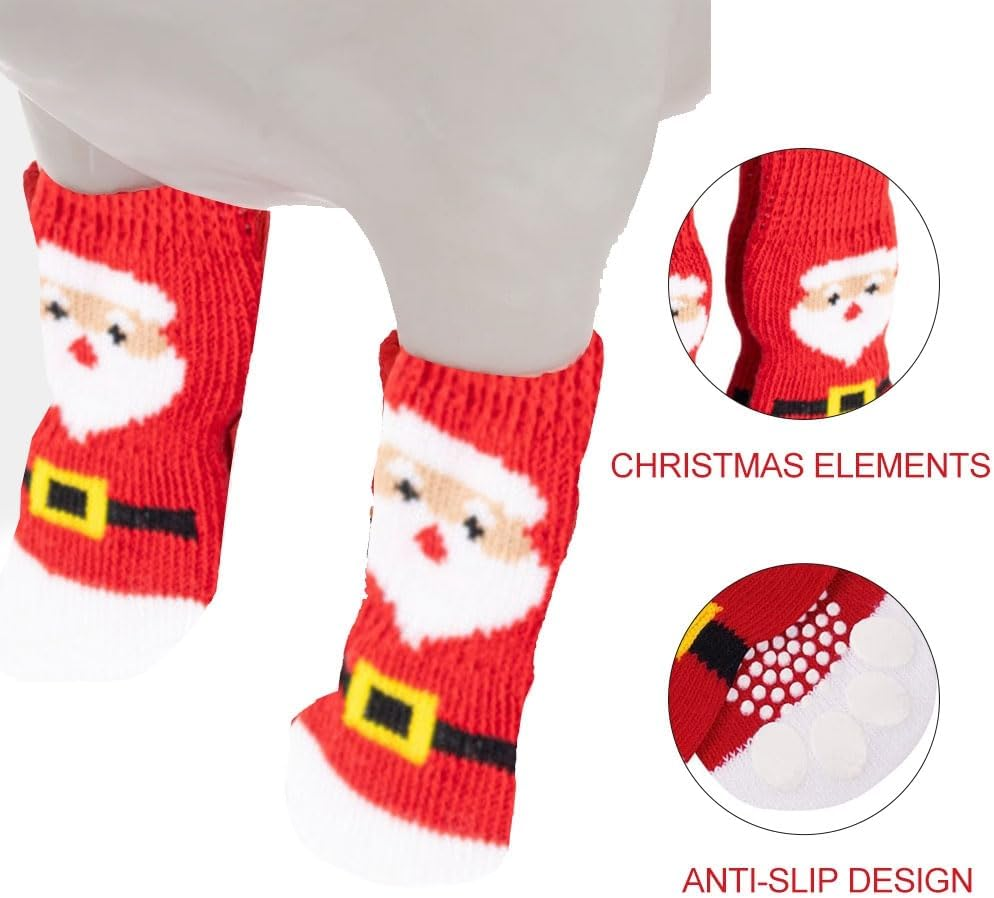 Christmas Non-Slip Socks for Dogs Christmas Socks for Medium Puppies Cats Indoor Non-Slip Dog Socks Santa Soft Elastic Paw Protection Pets Keep Warm, M, Pack of 4