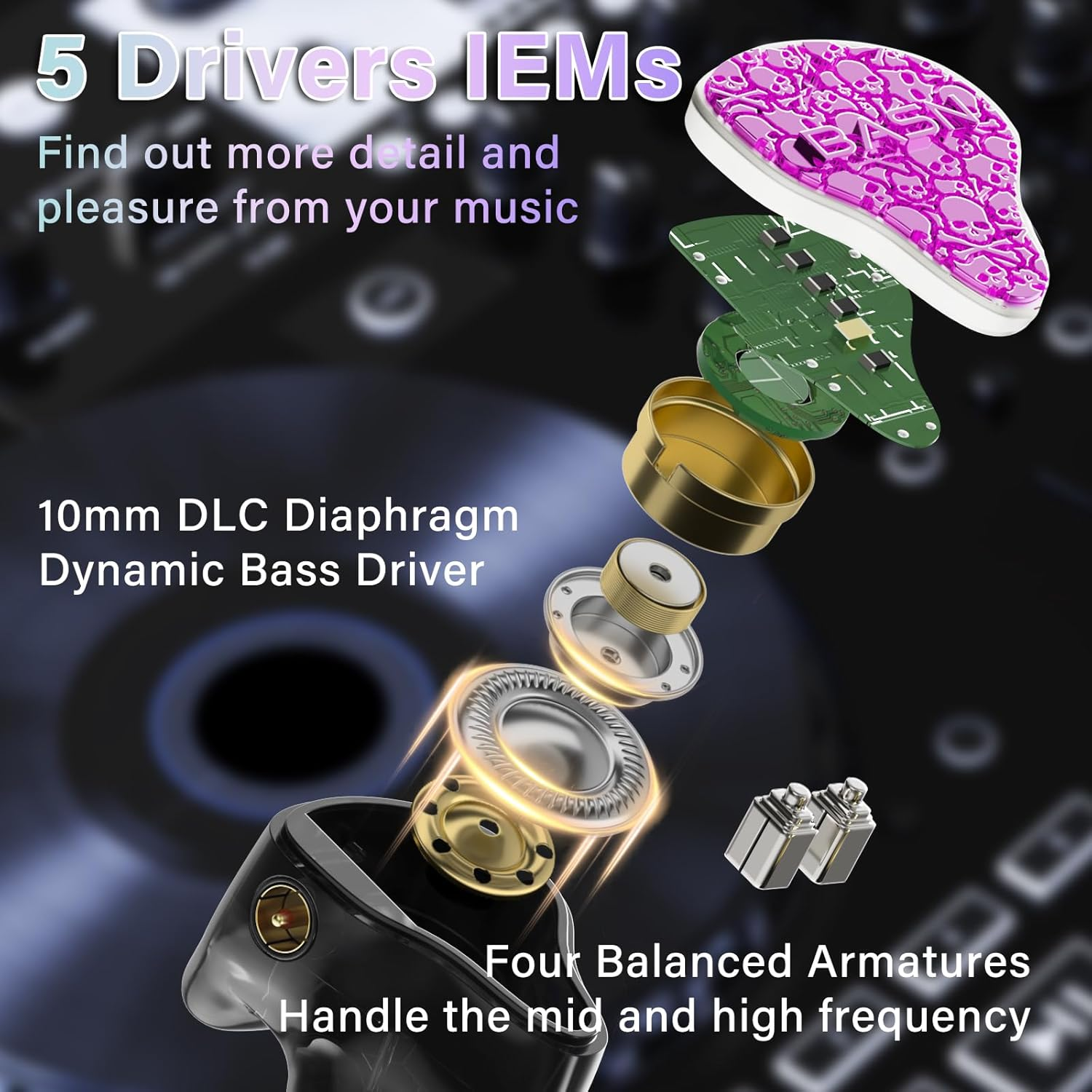 BASN Bmaster5 in Ear Monitors, 1DLC Diaphragm+4Ba 5 Drivers Drummers Headphones with Silver-Plated OFC Cable, Noise Isolation IEM Earbuds for Musicians (Pink) image number 6