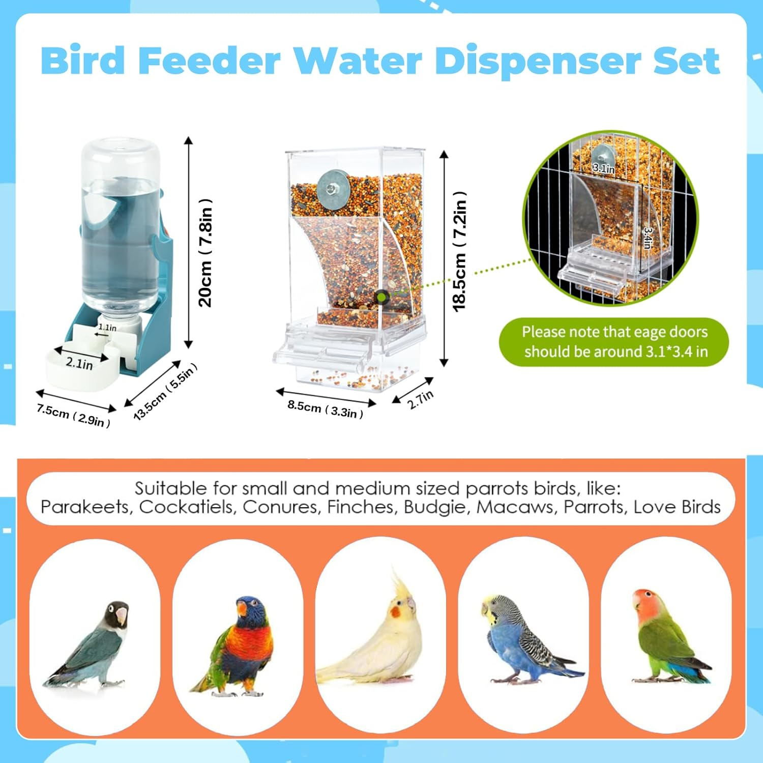 SUSOO Bird Feeder and Water Dispenser Set, Leak-Proof Acrylic Automatic Seed Feeding Container, Hydration Drinker for Parrot, Parakeets,Budgies, Cockatiels,Canaries,And Lovebirds Cage Accessories image number 1