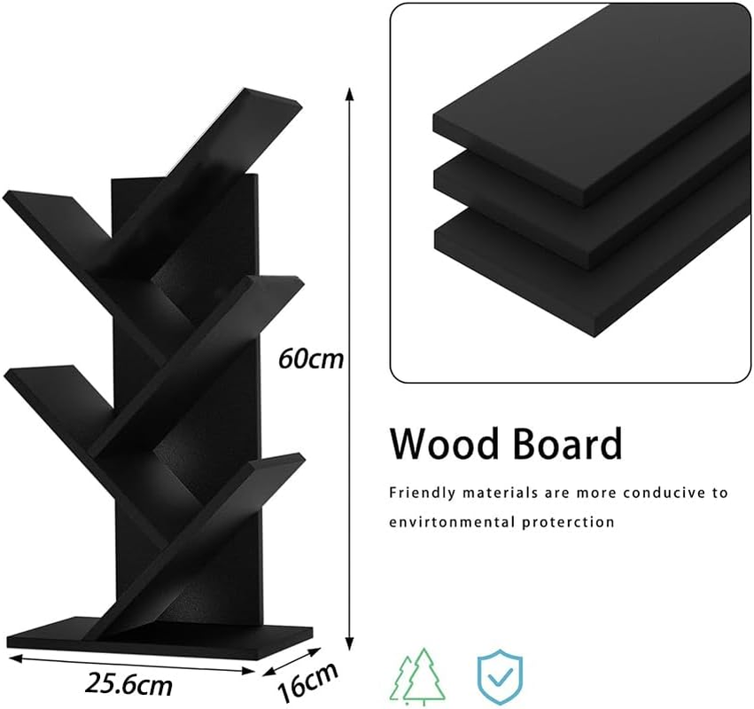 5-Tier Wood Bookshelf Tree Bookcase for Displaying Books, Cds, Magazines and More, Display Floor Standing Shelf for Books, Book Organizer Shelves at Home Office, Living Room, Bedroom, Black image number 2