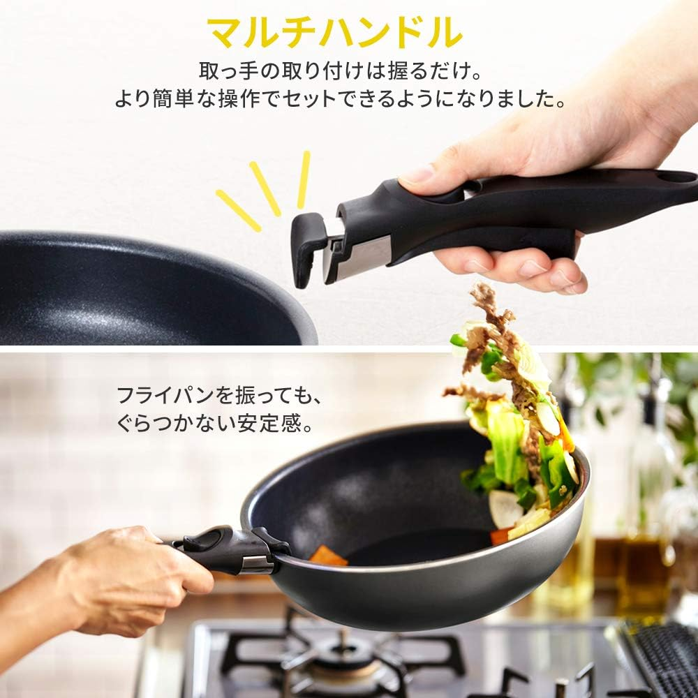 Iris Ohyama 3-Piece IH Gas Fire Deep Diamond Coated Frying Pan Set with Graduated Baking and Removable Handle DCI-S3S Slate Gray Non-Stick Easy Care Deep plus Series image number 3