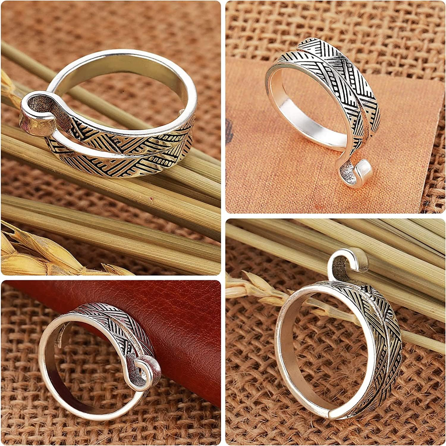 6 Pack Knitting Crochet Loop Ring, Adjustable Crochet Loop Ring Hook Braided Knitting Ring Yarn Guide Finger Holder Knitting Craft Accessories Tools for Mother Grandma Presents - 3 Gold & 3 Silver image number 6