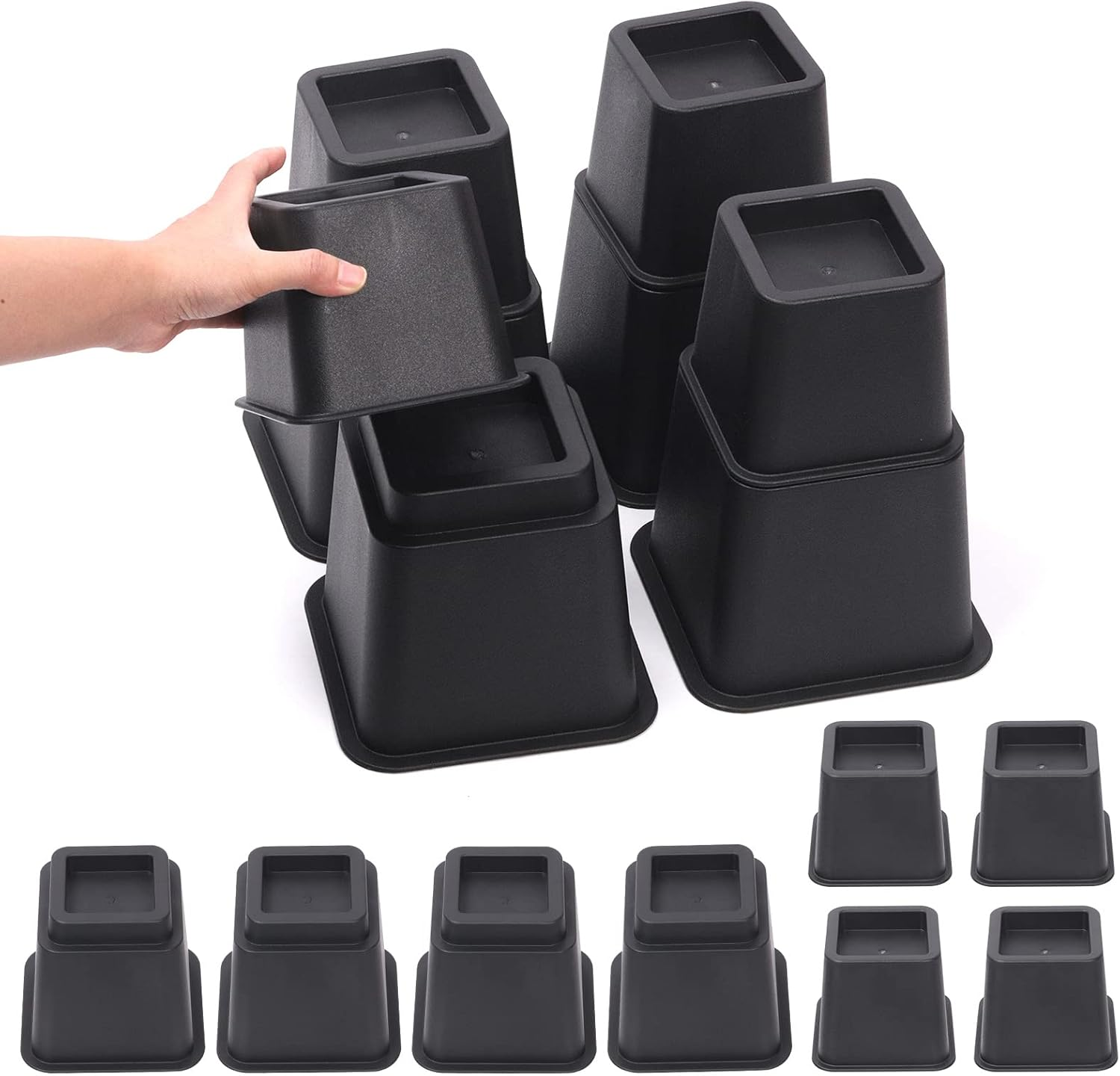 Tanstic 8Pcs Bed Risers Kit, Heavy Duty Bed Elevators in Heights of 4 Inch & 6 Inch, Adjustable Bed Furniture Risers, Bed Lifts Risers for Sofa Table Legs (Black)