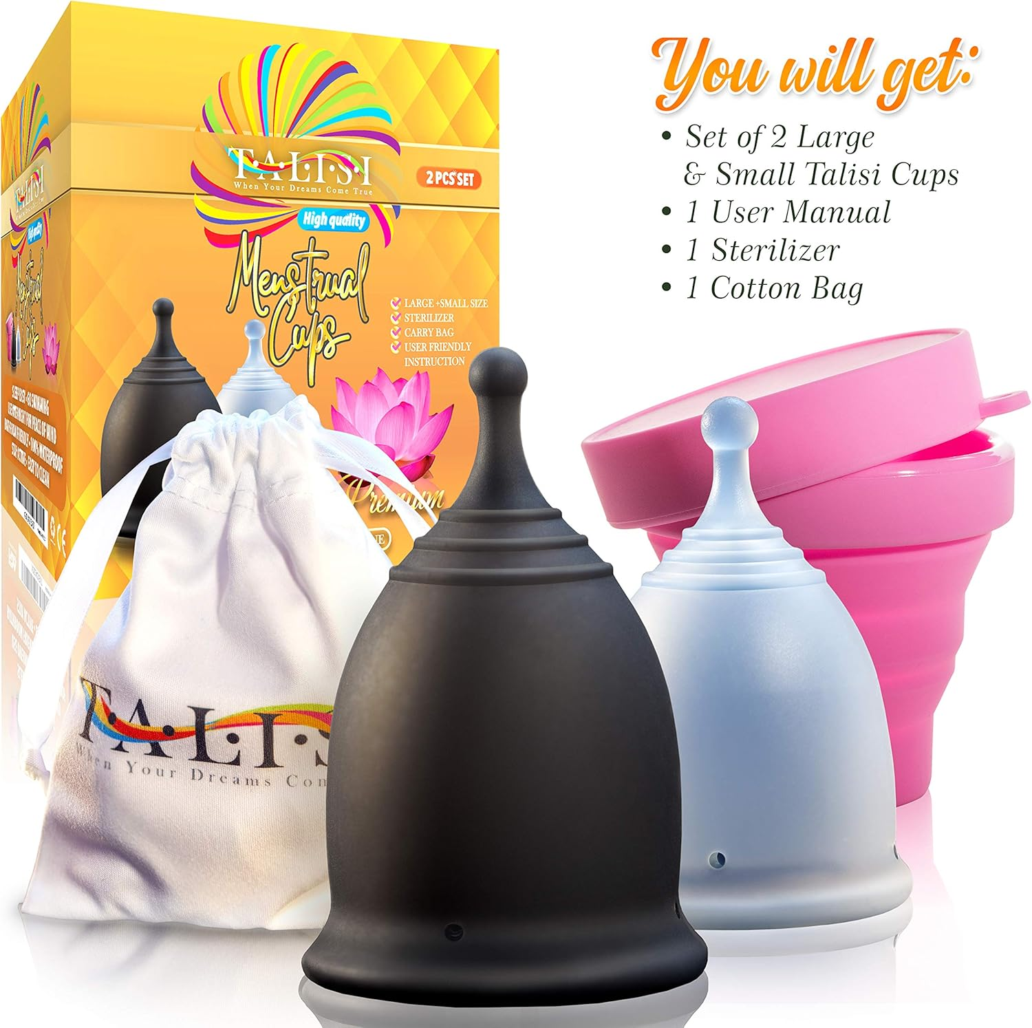 Talisi Reusable 2 Menstrual Cups - Period Cup Set for Women with Collapsible Sterilization Cup and Travel Bag - Feminine Menstruation Alternative to Tampons - Regular and Heavy Flow image number 3