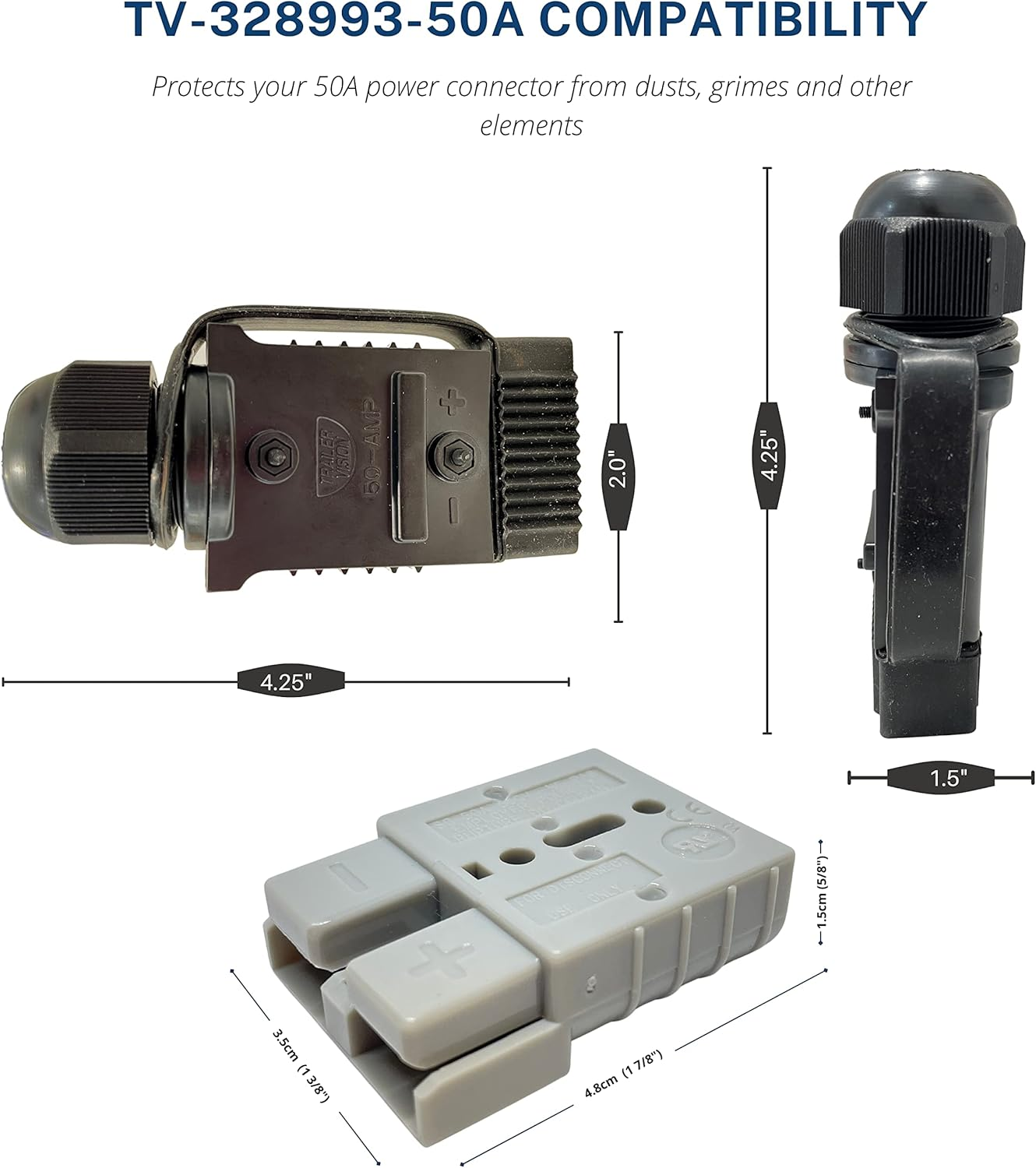 Trailer Vision 50 Amp Anderson Connector Cover Assembly with Rubber Dust Cap & LED - Protective Sleeve for SB50 Anderson Plugs Quick Connect System for Caravans Trailers Trucks Ute 4WD - 50A Black image number 3