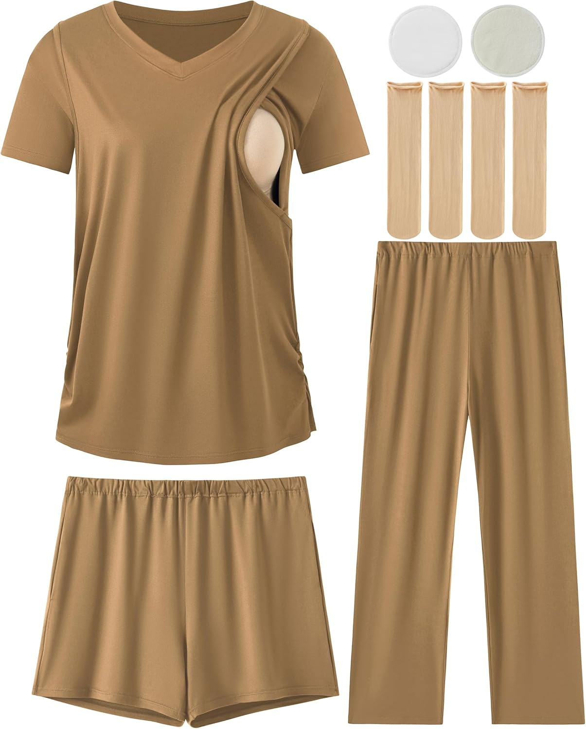 DANSHOW 3 Piece Maternity Nursing Pajamas Set Postpartum Pjs Breastfeeding Sleepwear, Adjustable Waistband