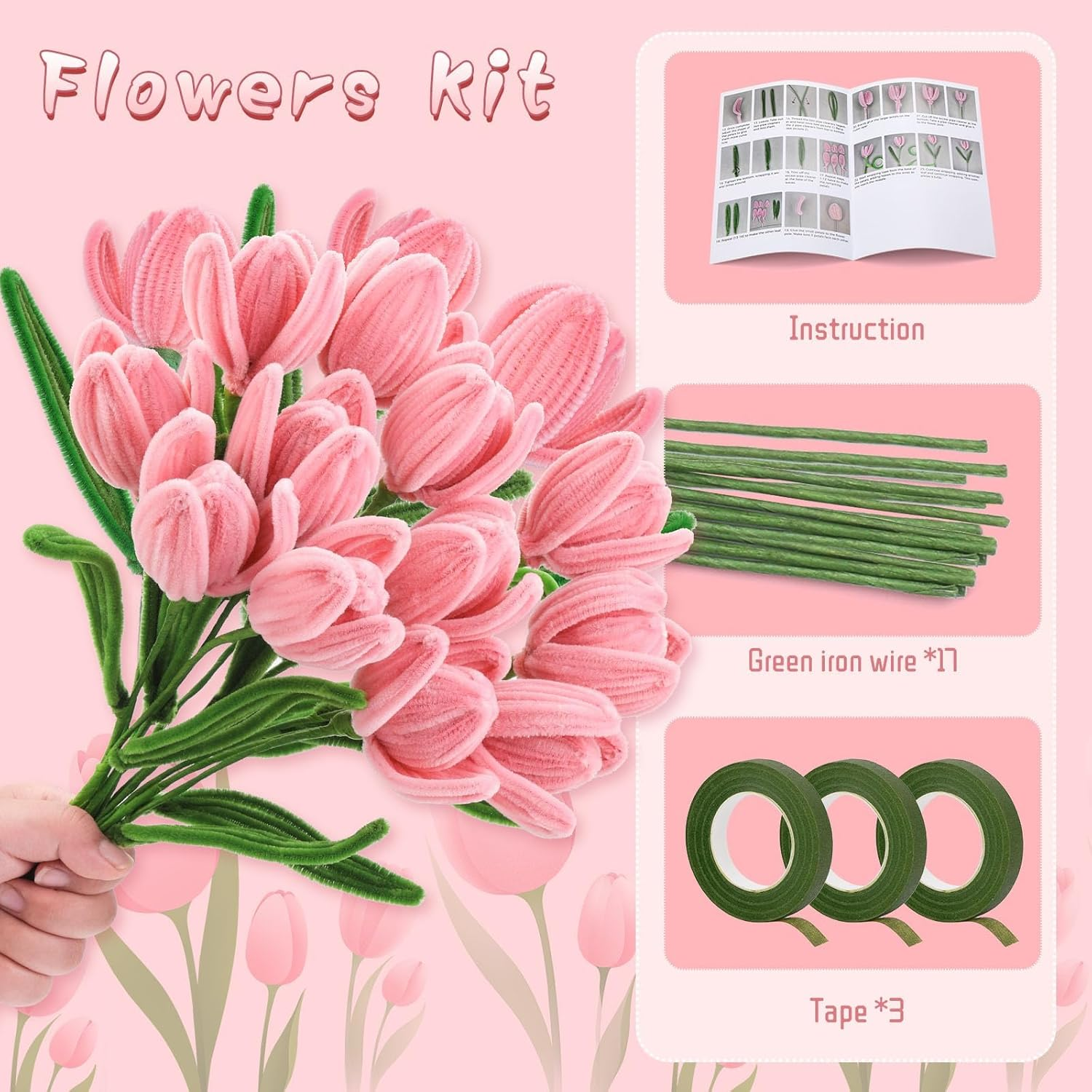 Pink Pipe Cleaner Flower Kit Pipe Cleaner Flowers Pipe Cleaners Bulk Green Pipe Cleaners Chenille Stems Set with Floral Wire Instructions for DIY Art and Craft Projects Creative(15 Flowers) image number 4