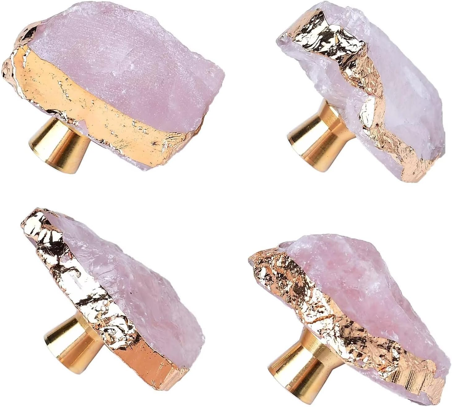 FZBHRO Rose Quartz Drawer Cabinet Knobs Pink Crystal Stone Knobs Handles Gold Plated Gemstone Cupboard Pulls Decorative for Home Office 4 Pack