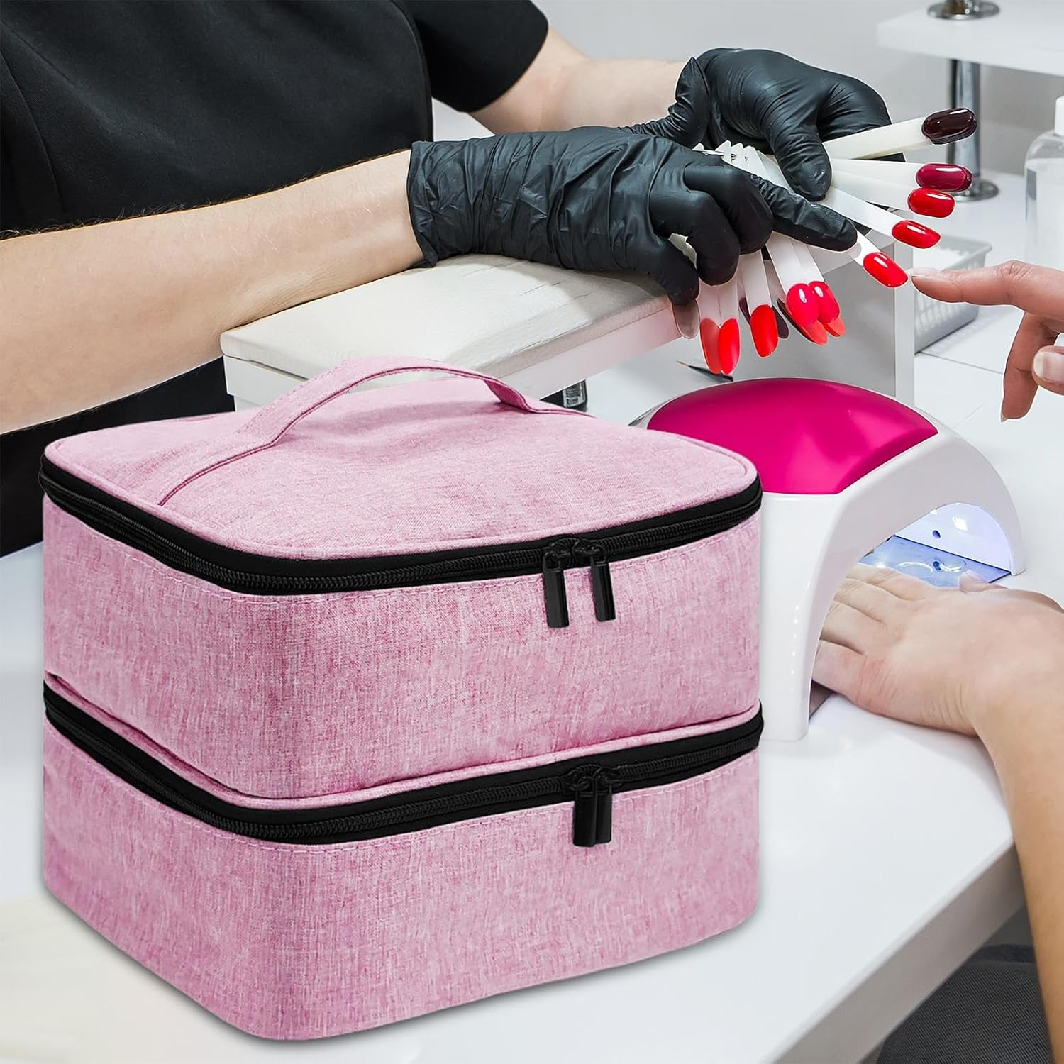 Eigell Carrying Tote Bag,Storage Bag Travel Nail Polish Organizer Case Zipper Pocket for Makeup,Nail Lamp,Nail Polish Kits,Gel Nails, Pink image number 6