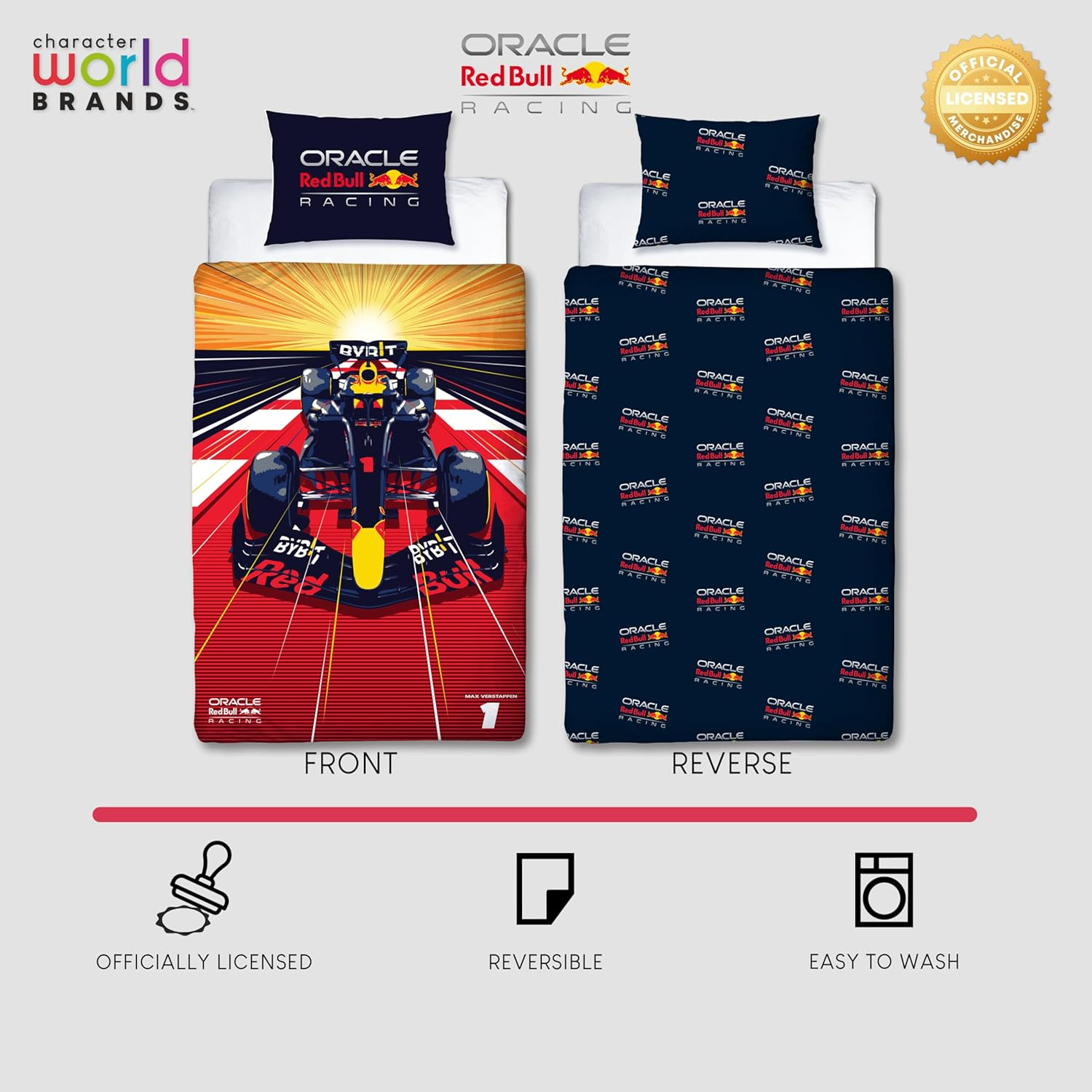 Character World Oracle Red Bull Racing Official Single Duvet Cover Set | Speed Design Reversible 2 Sided Bedding Including Matching Pillow Case Single Bed Set | Polycotton image number 3