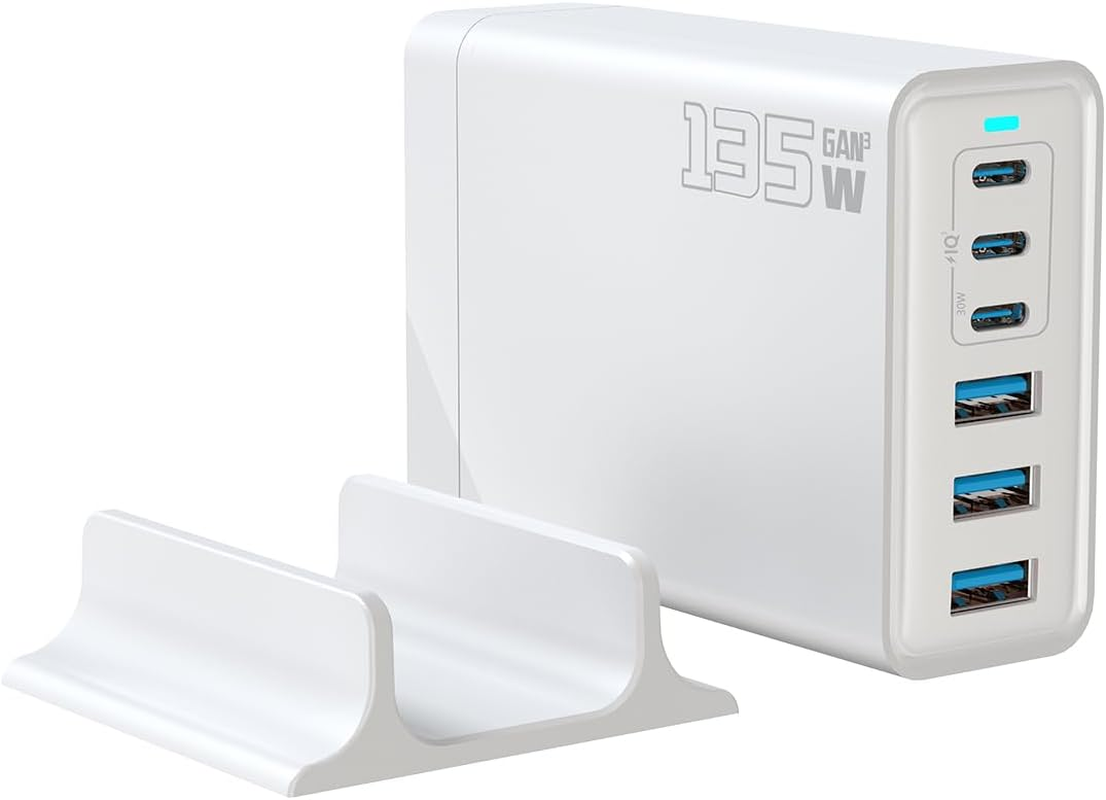 USB-C Fast Charger, 135W Portable Gan 6-Ports Charging Station, PD 20W Charging Block, Multi Port Charer Hub Suitable for Laptops, Iphone,Ipad, Samsung, Google, Xiaomi, Huawei and Other USB Devices