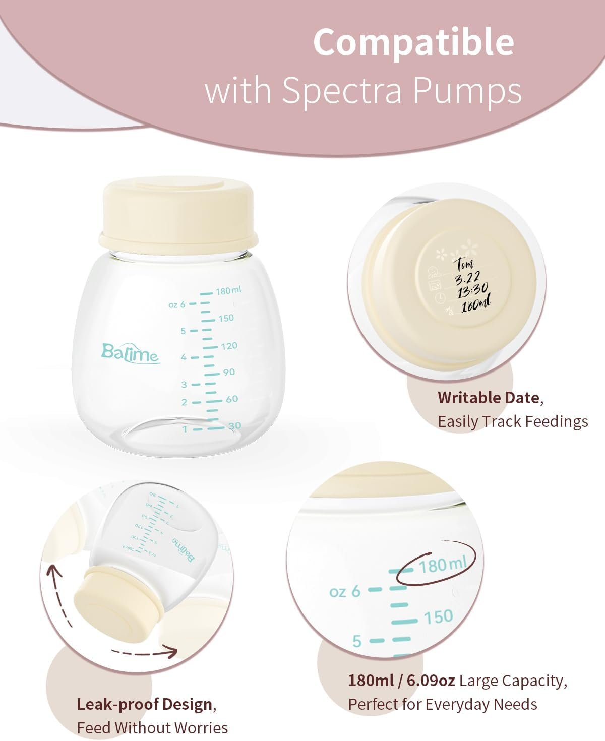 BALIME 6Oz Breast Milk Storage Bottles, Compatible with Spectra Breast Pumps, Bpa-Free, Leak-Proof Design, Dual Use as Breastmilk Storage Containers for Fridge or Freezer（4-Pack） image number 1